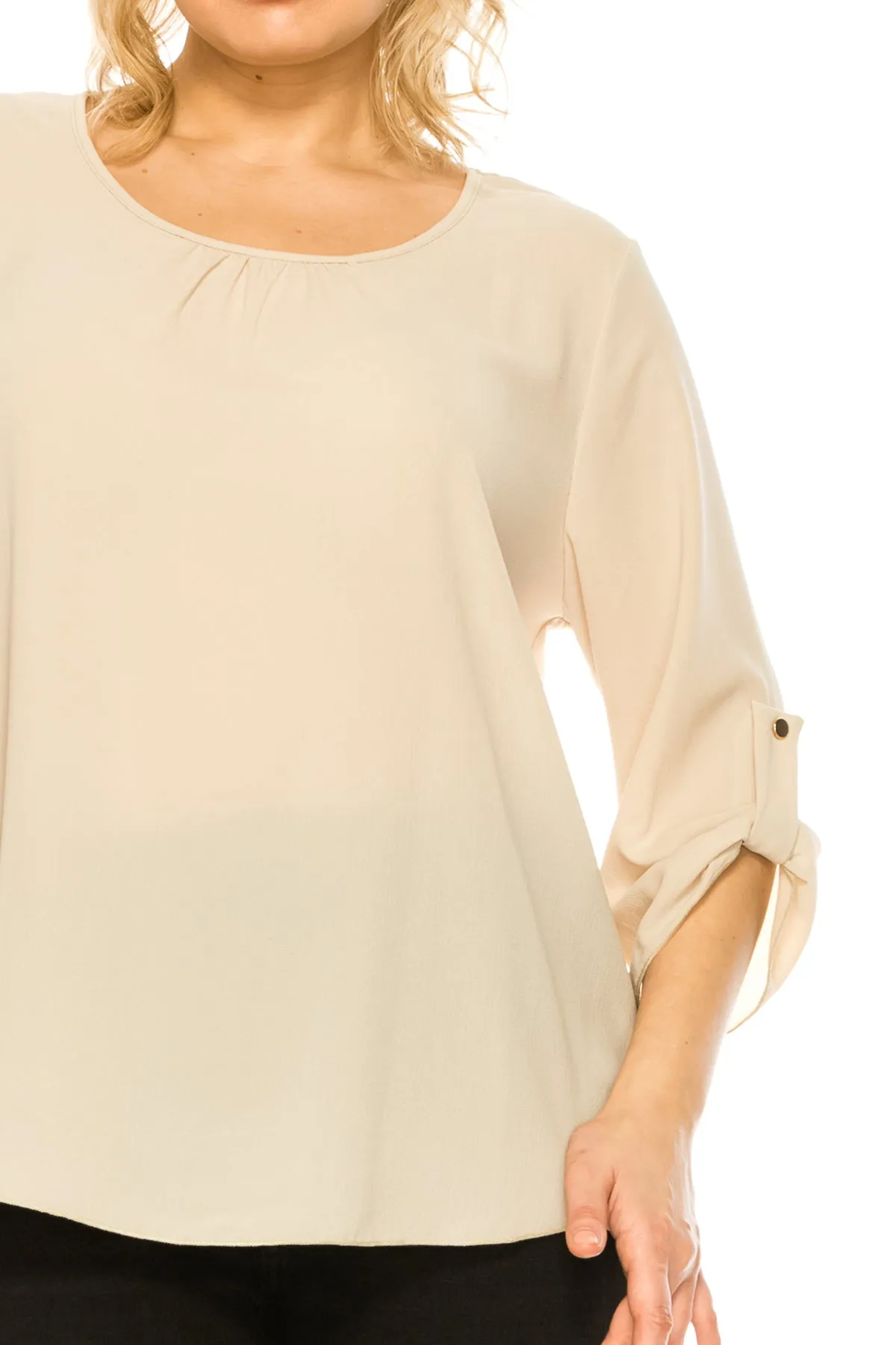 Women's Plus Size Casual Round Neck Loose Fit Roll Tab 3/4 Sleeve Shirt Blouse Tops