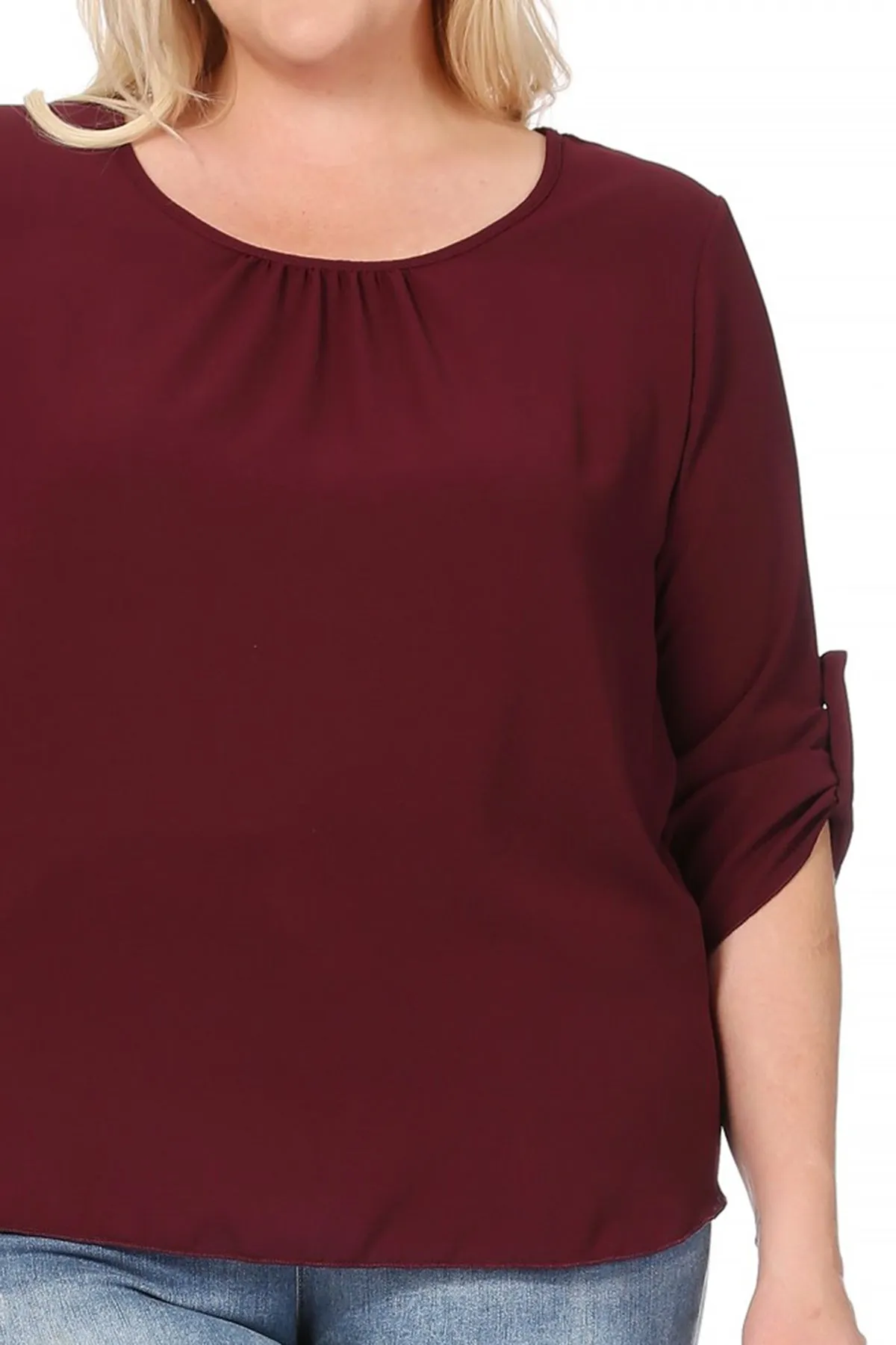 Women's Plus Size Casual Round Neck Loose Fit Roll Tab 3/4 Sleeve Shirt Blouse Tops