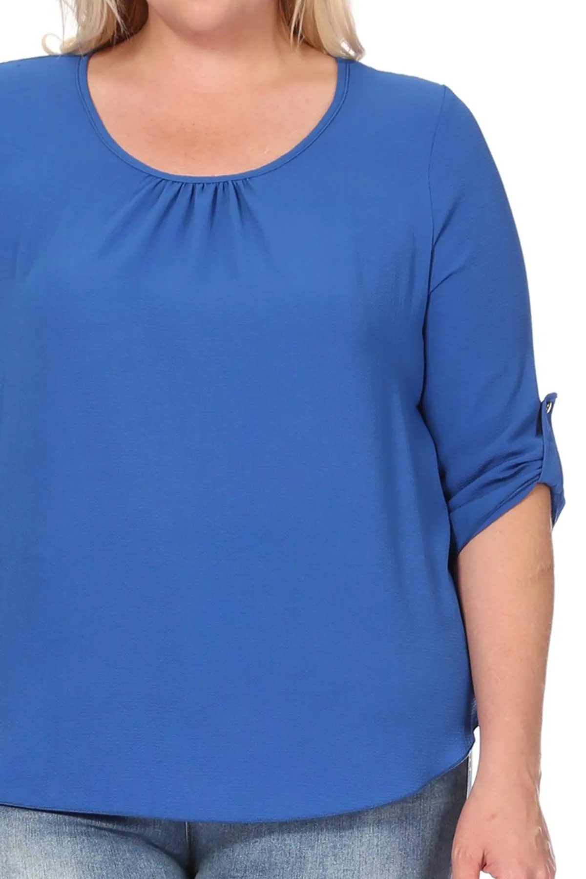 Women's Plus Size Casual Round Neck Loose Fit Roll Tab 3/4 Sleeve Shirt Blouse Tops