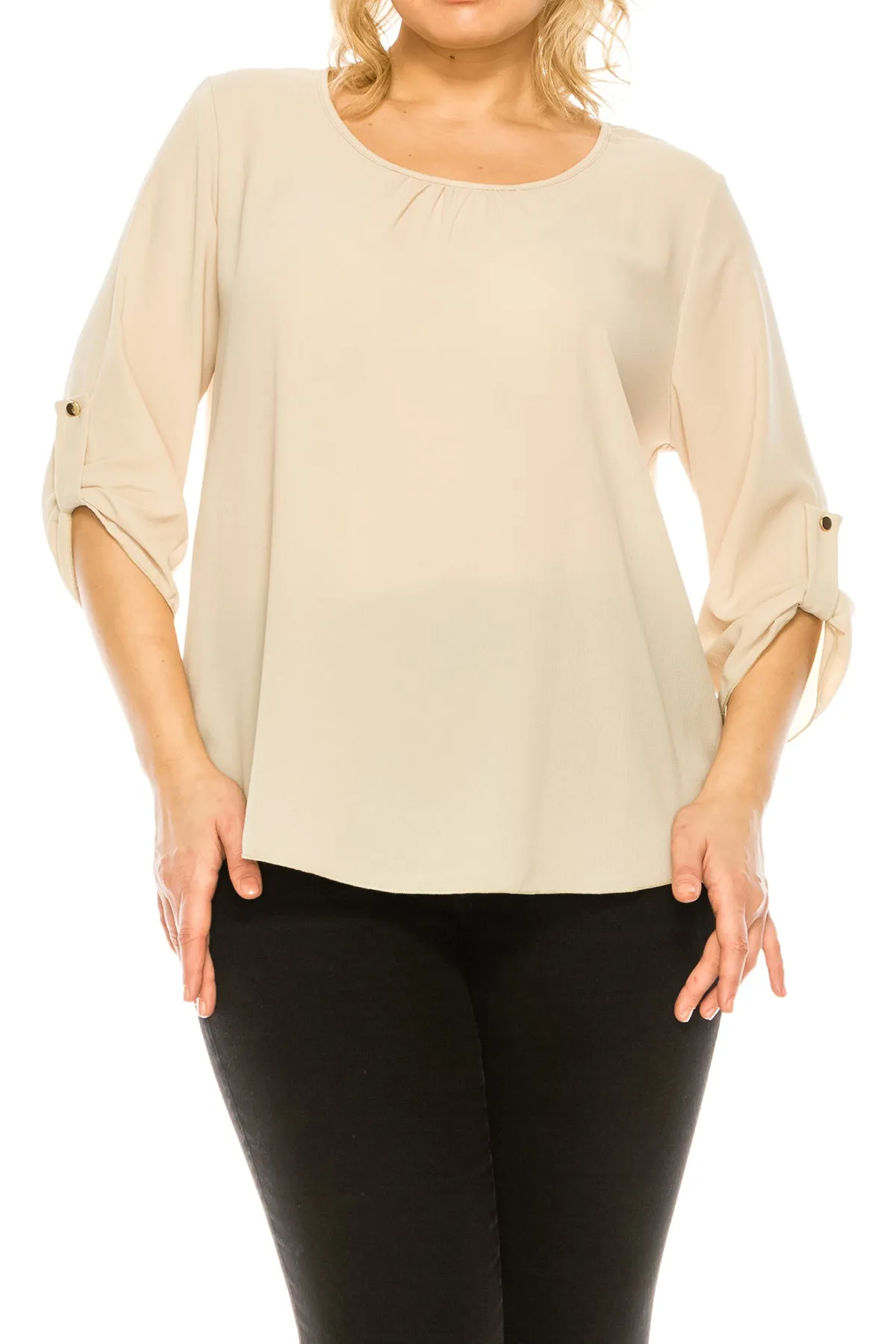 Women's Plus Size Casual Round Neck Loose Fit Roll Tab 3/4 Sleeve Shirt Blouse Tops