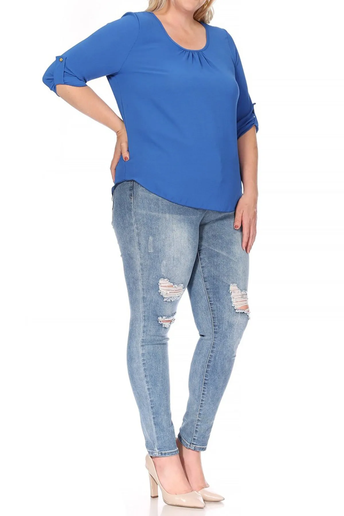 Women's Plus Size Casual Round Neck Loose Fit Roll Tab 3/4 Sleeve Shirt Blouse Tops