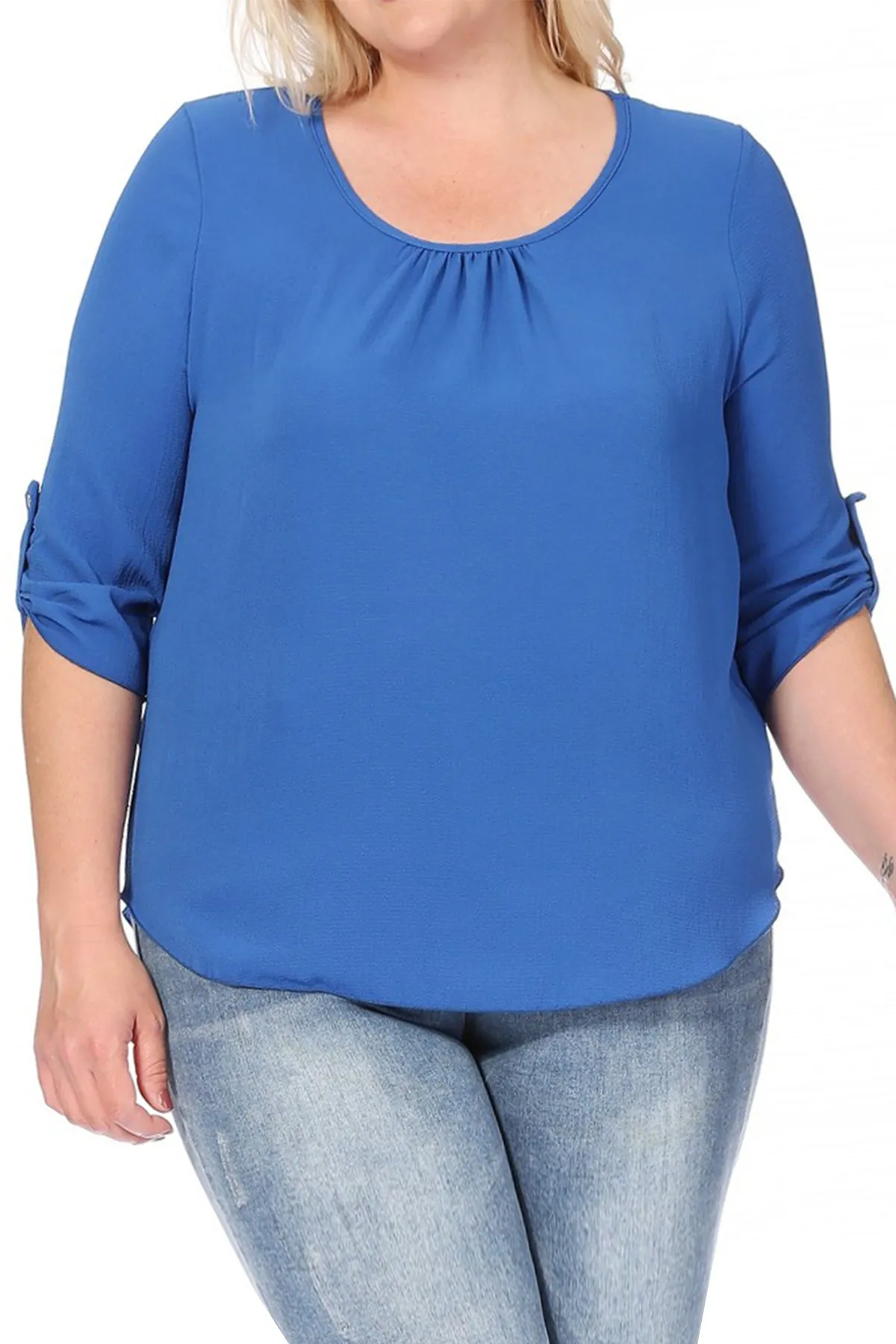 Women's Plus Size Casual Round Neck Loose Fit Roll Tab 3/4 Sleeve Shirt Blouse Tops