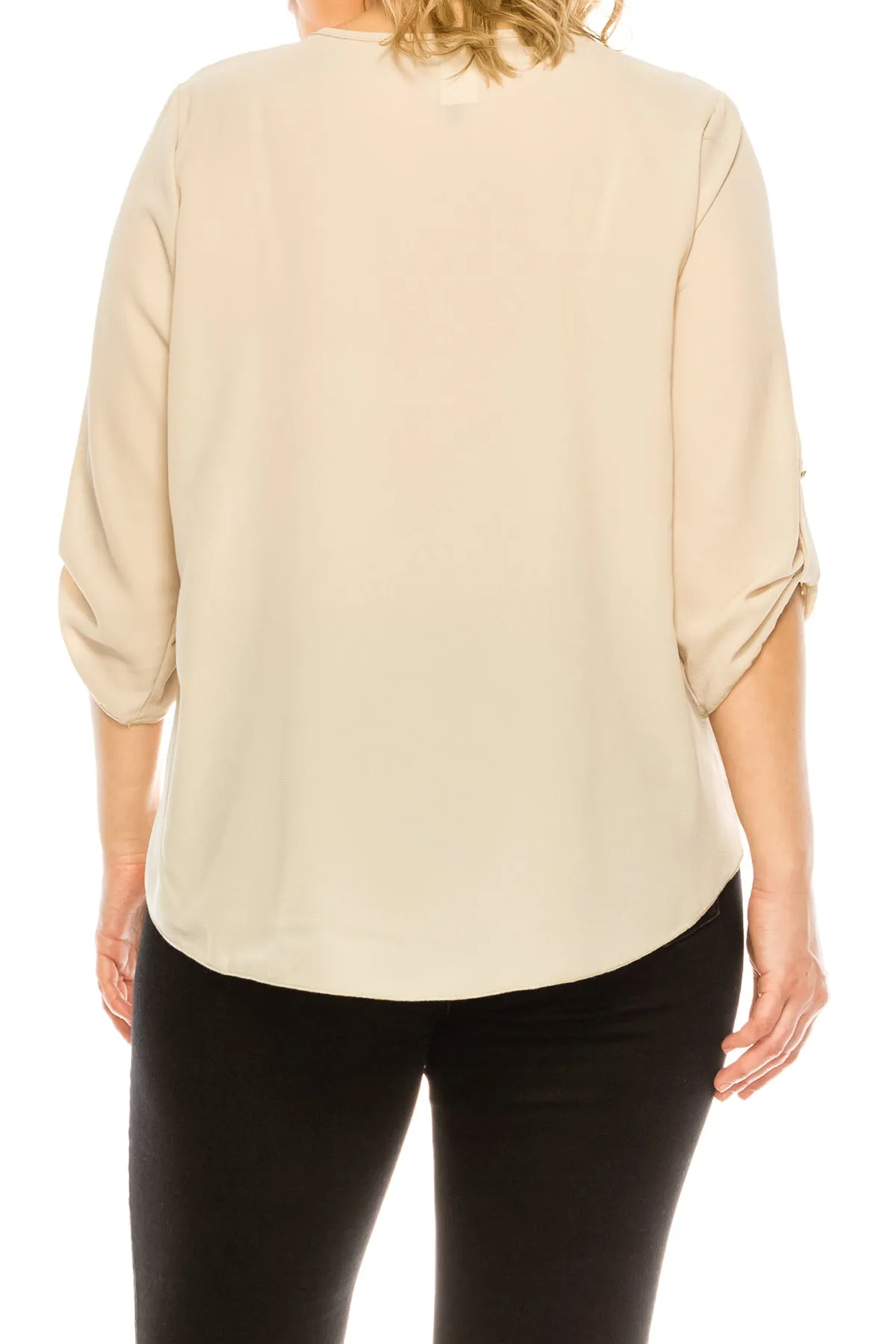Women's Plus Size Casual Round Neck Loose Fit Roll Tab 3/4 Sleeve Shirt Blouse Tops