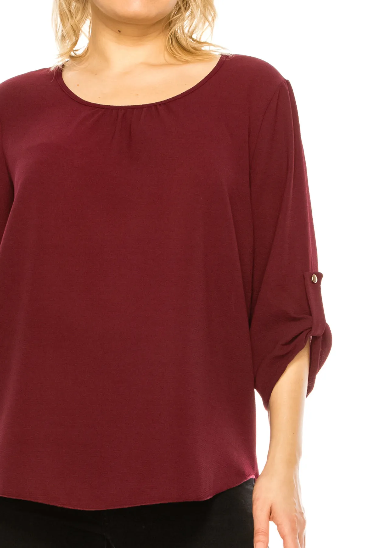 Women's Plus Size Casual Round Neck Loose Fit Roll Tab 3/4 Sleeve Shirt Blouse Tops