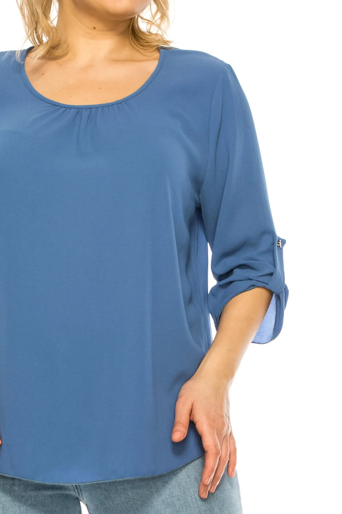 Women's Plus Size Casual Round Neck Loose Fit Roll Tab 3/4 Sleeve Shirt Blouse Tops