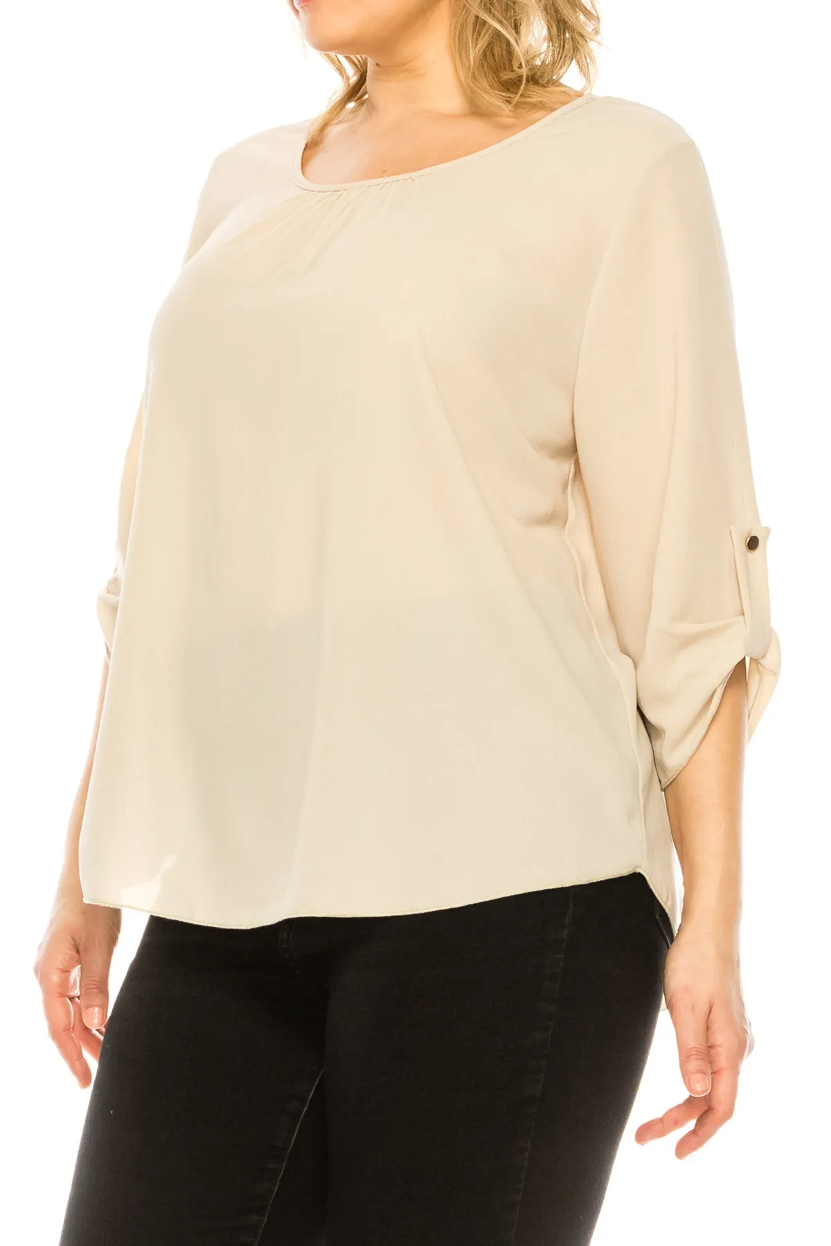 Women's Plus Size Casual Round Neck Loose Fit Roll Tab 3/4 Sleeve Shirt Blouse Tops