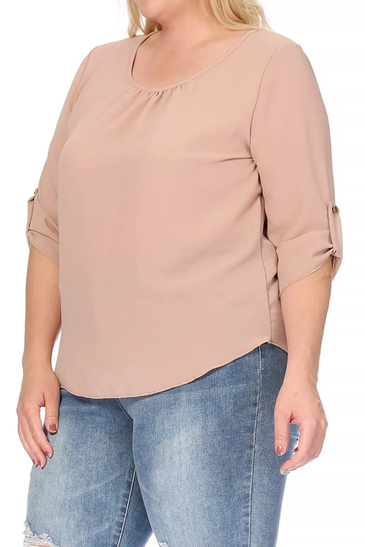 Women's Plus Size Casual Round Neck Loose Fit Roll Tab 3/4 Sleeve Shirt Blouse Tops