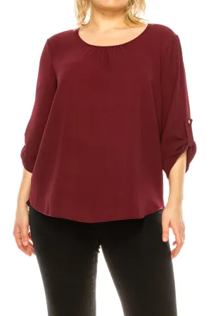 Women's Plus Size Casual Round Neck Loose Fit Roll Tab 3/4 Sleeve Shirt Blouse Tops