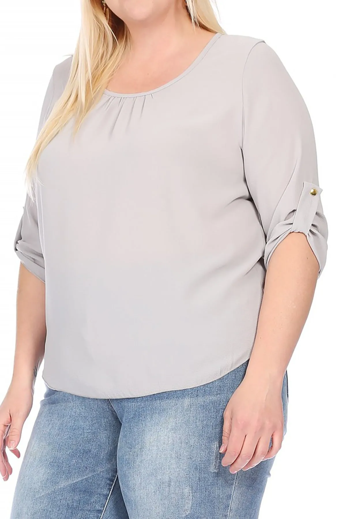 Women's Plus Size Casual Round Neck Loose Fit Roll Tab 3/4 Sleeve Shirt Blouse Tops