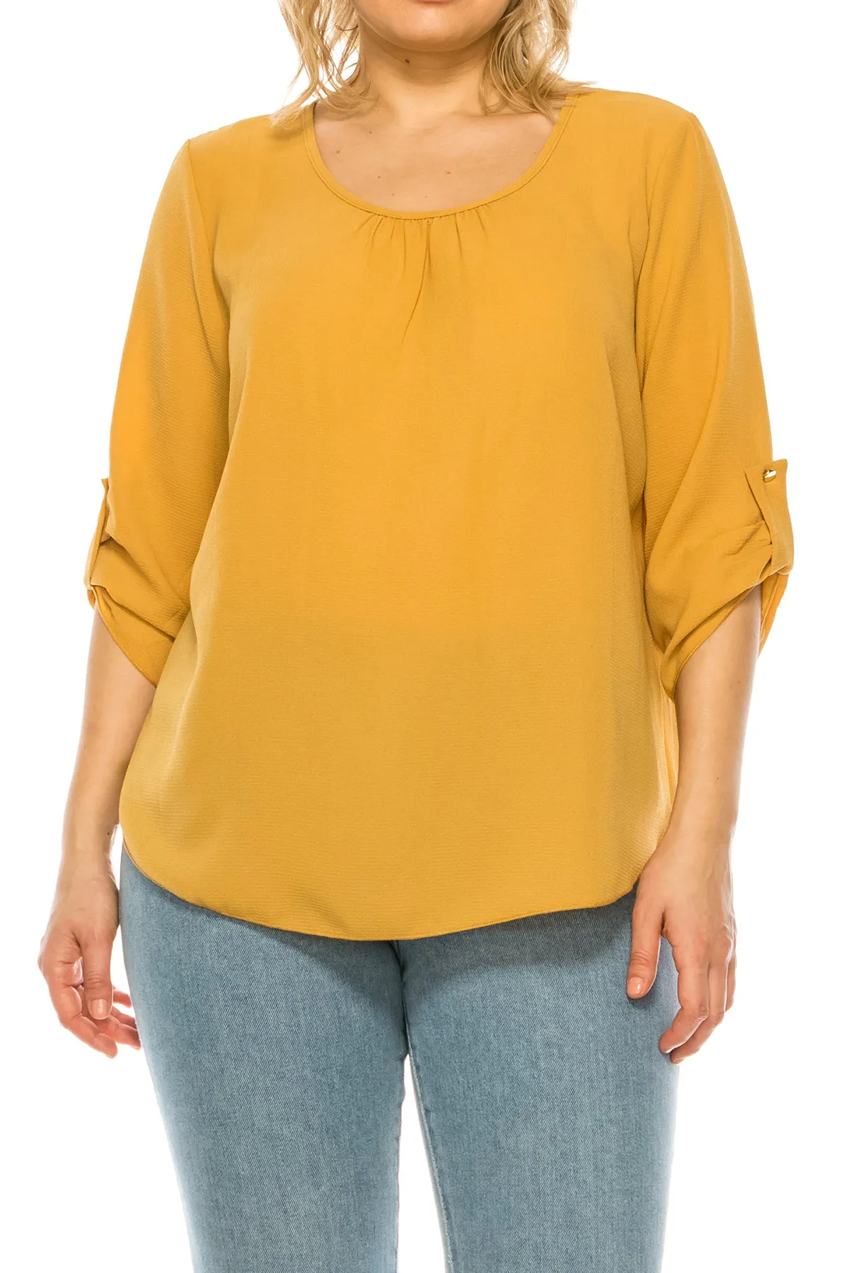 Women's Plus Size Casual Round Neck Loose Fit Roll Tab 3/4 Sleeve Shirt Blouse Tops