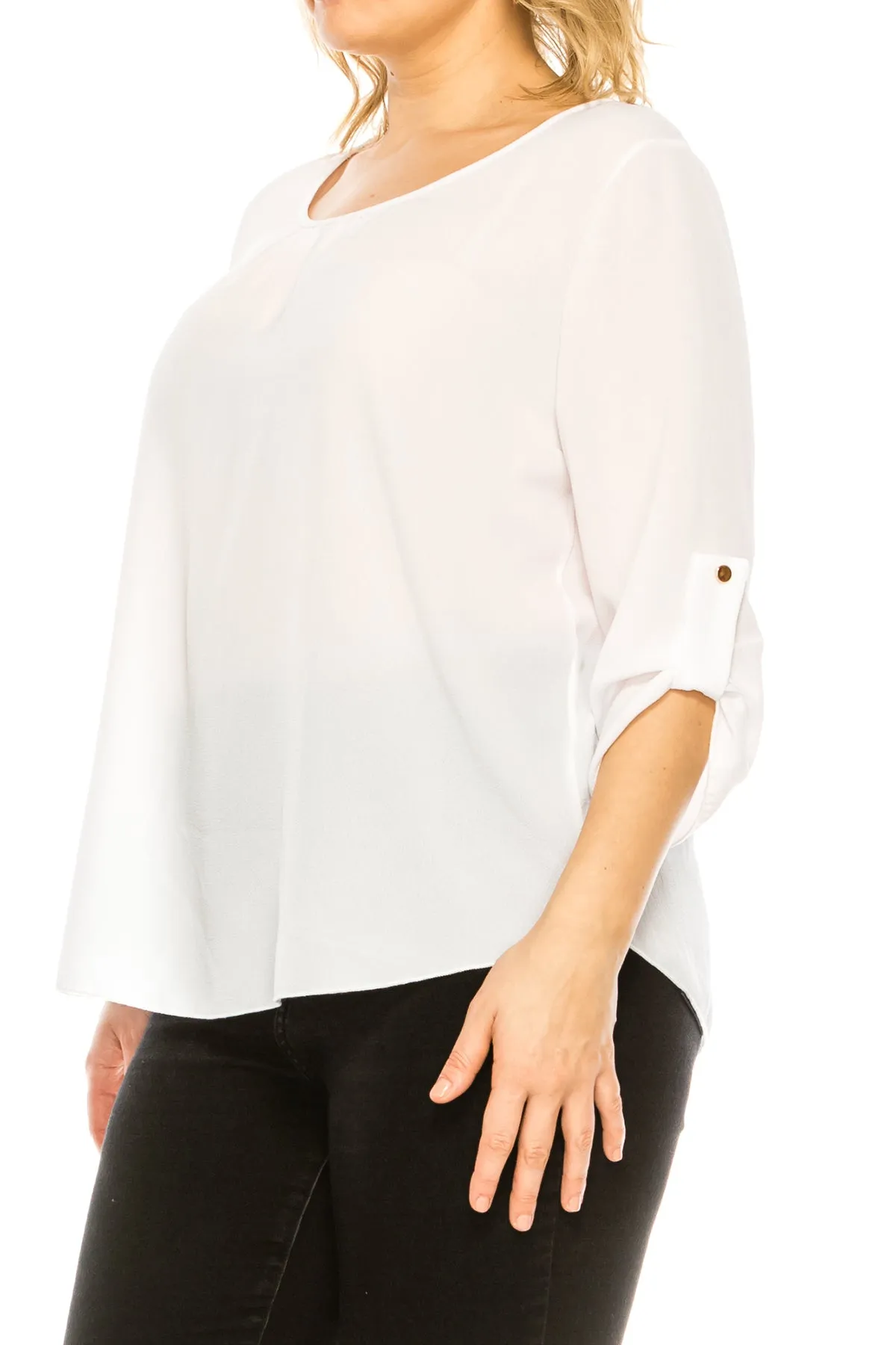 Women's Plus Size Casual Round Neck Loose Fit Roll Tab 3/4 Sleeve Shirt Blouse Tops