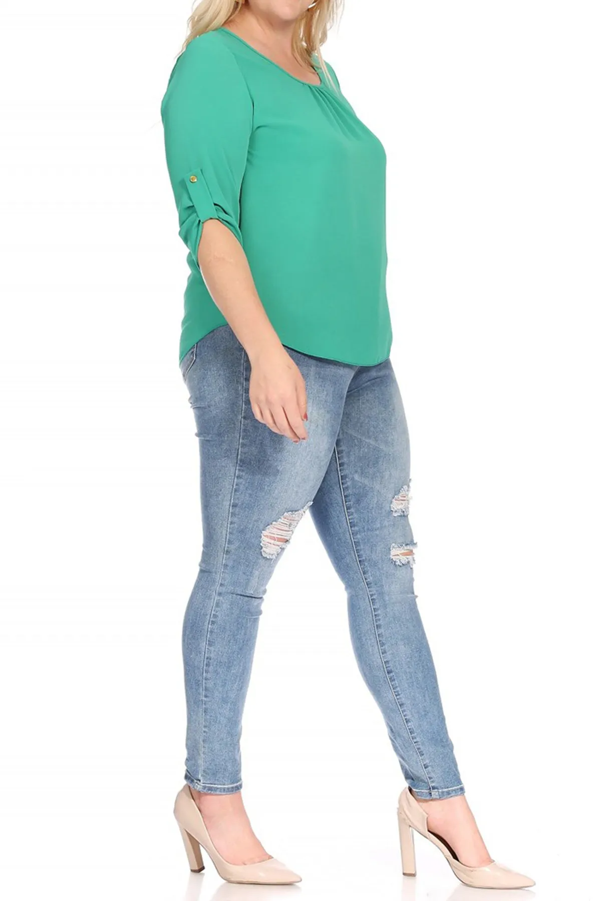 Women's Plus Size Casual Round Neck Loose Fit Roll Tab 3/4 Sleeve Shirt Blouse Tops