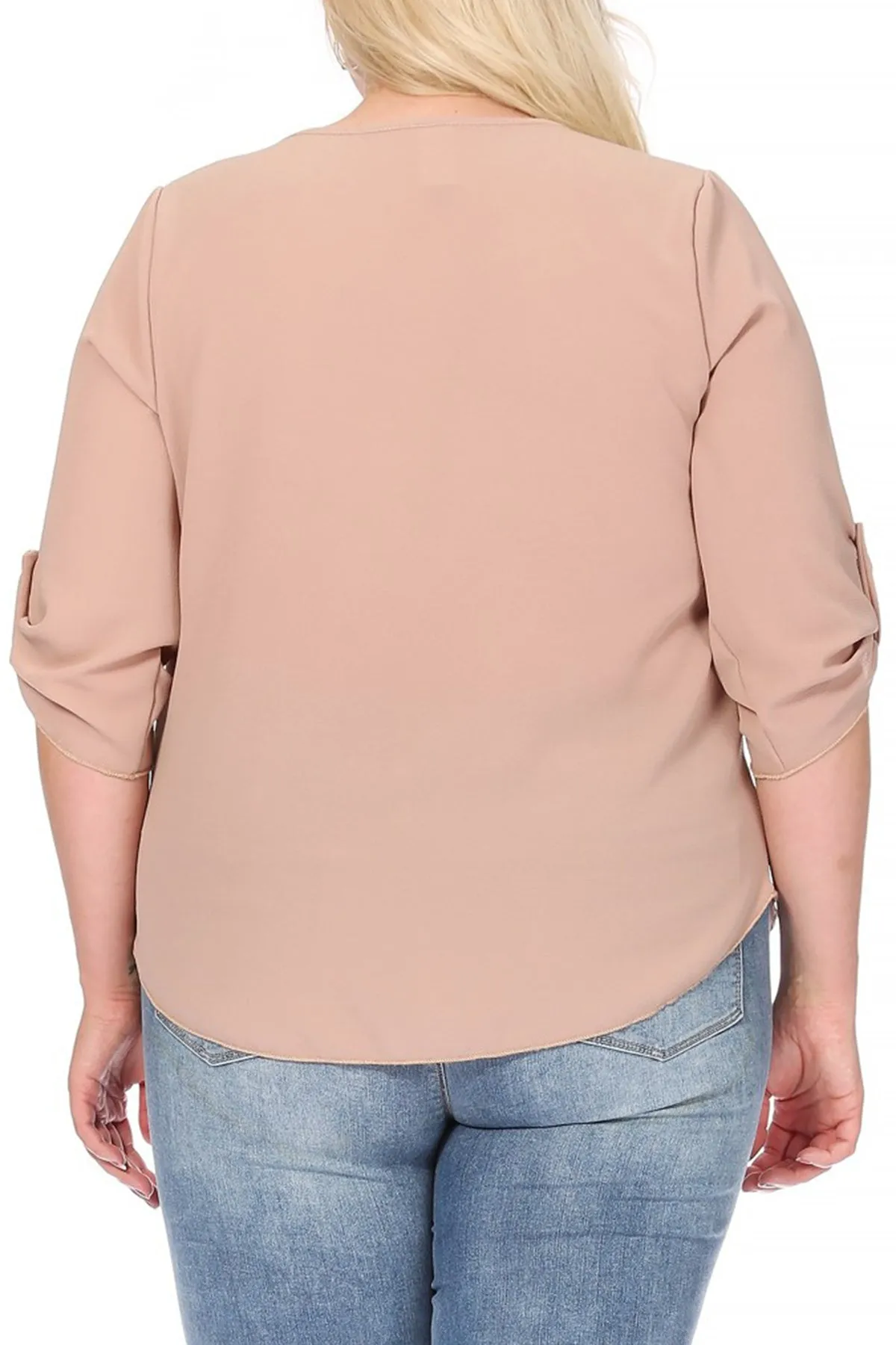 Women's Plus Size Casual Round Neck Loose Fit Roll Tab 3/4 Sleeve Shirt Blouse Tops