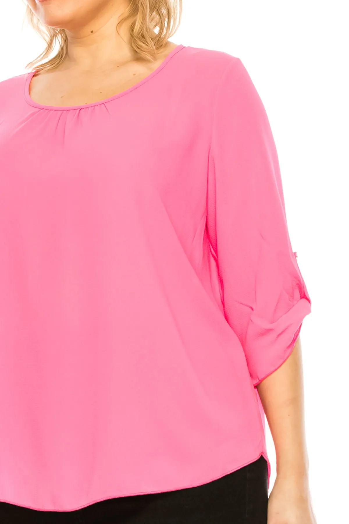 Women's Plus Size Casual Round Neck Loose Fit Roll Tab 3/4 Sleeve Shirt Blouse Tops