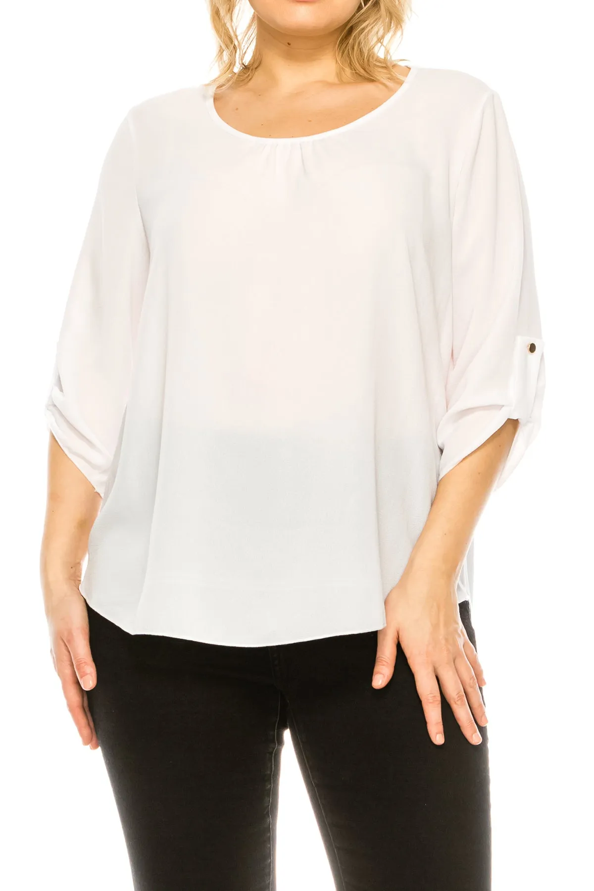 Women's Plus Size Casual Round Neck Loose Fit Roll Tab 3/4 Sleeve Shirt Blouse Tops