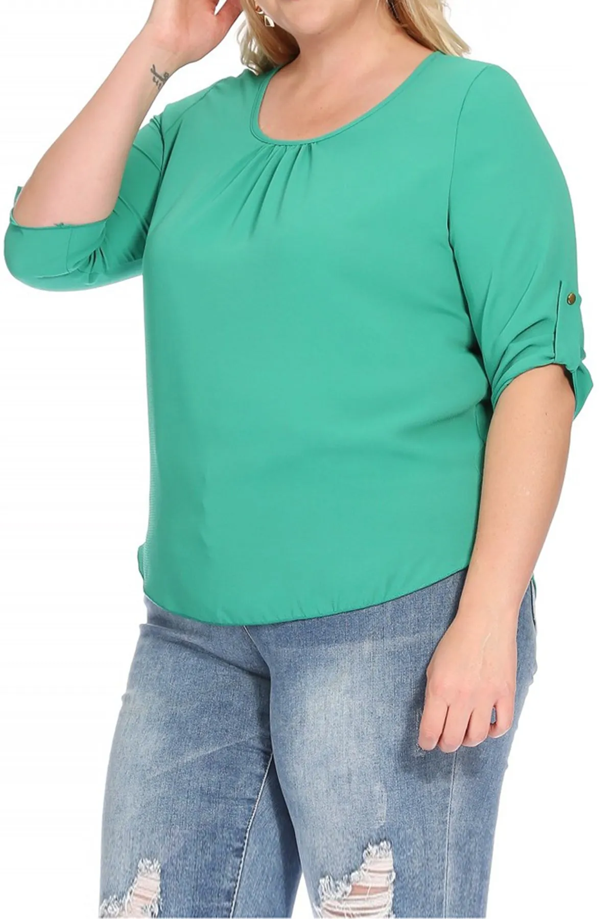 Women's Plus Size Casual Round Neck Loose Fit Roll Tab 3/4 Sleeve Shirt Blouse Tops