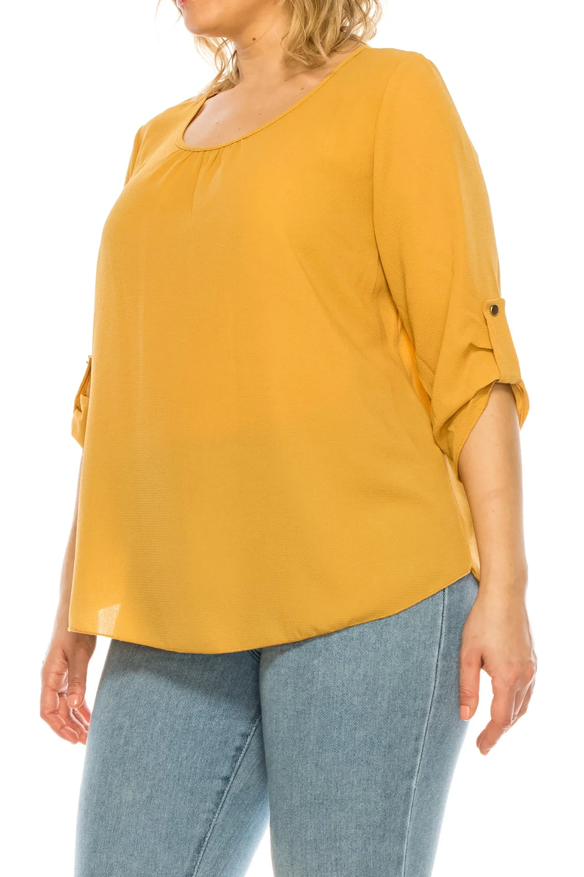 Women's Plus Size Casual Round Neck Loose Fit Roll Tab 3/4 Sleeve Shirt Blouse Tops