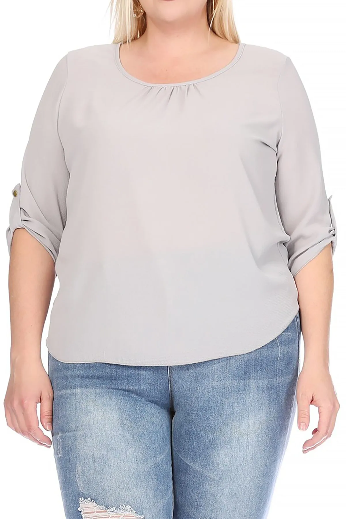 Women's Plus Size Casual Round Neck Loose Fit Roll Tab 3/4 Sleeve Shirt Blouse Tops