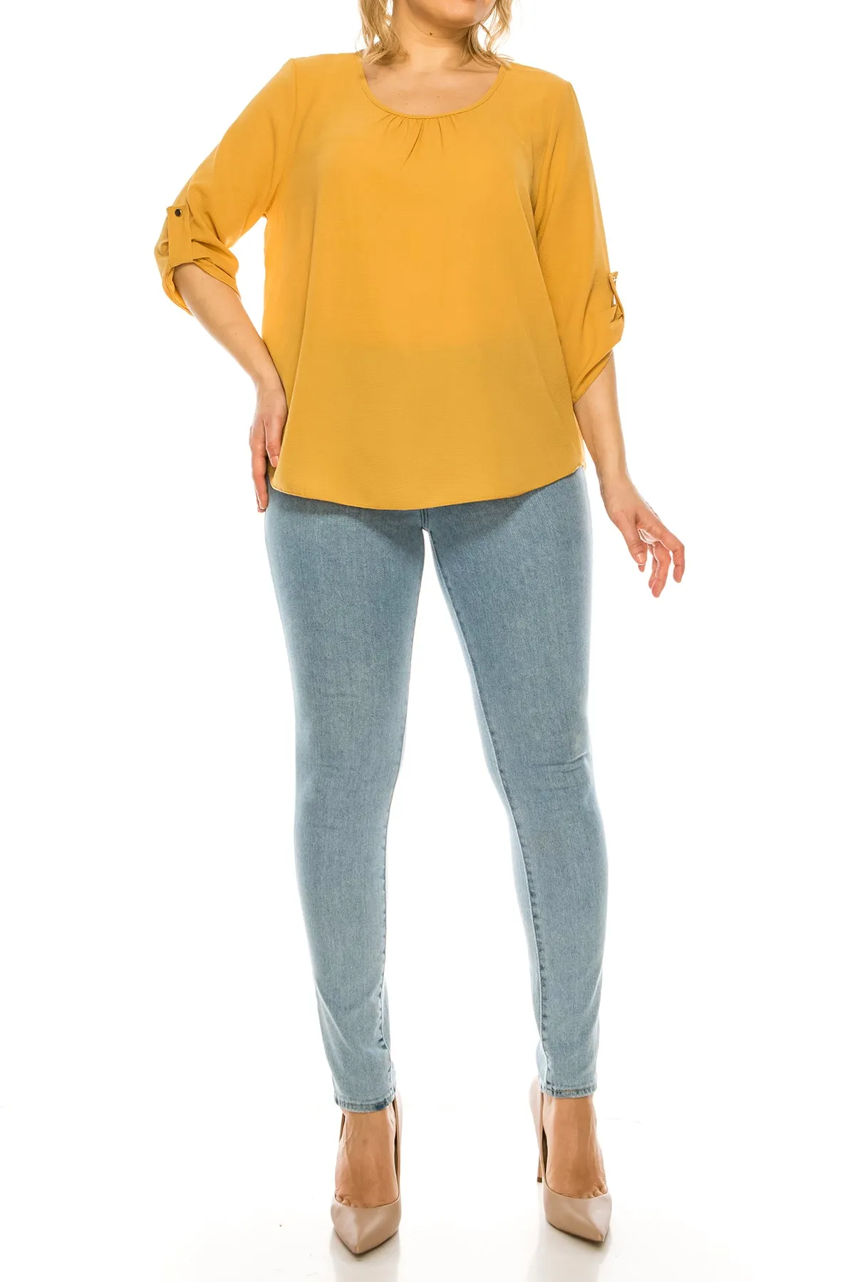 Women's Plus Size Casual Round Neck Loose Fit Roll Tab 3/4 Sleeve Shirt Blouse Tops