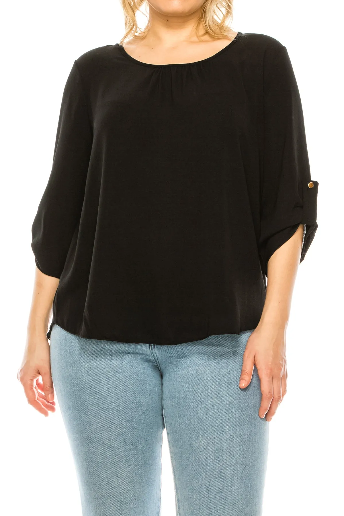 Women's Plus Size Casual Round Neck Loose Fit Roll Tab 3/4 Sleeve Shirt Blouse Tops