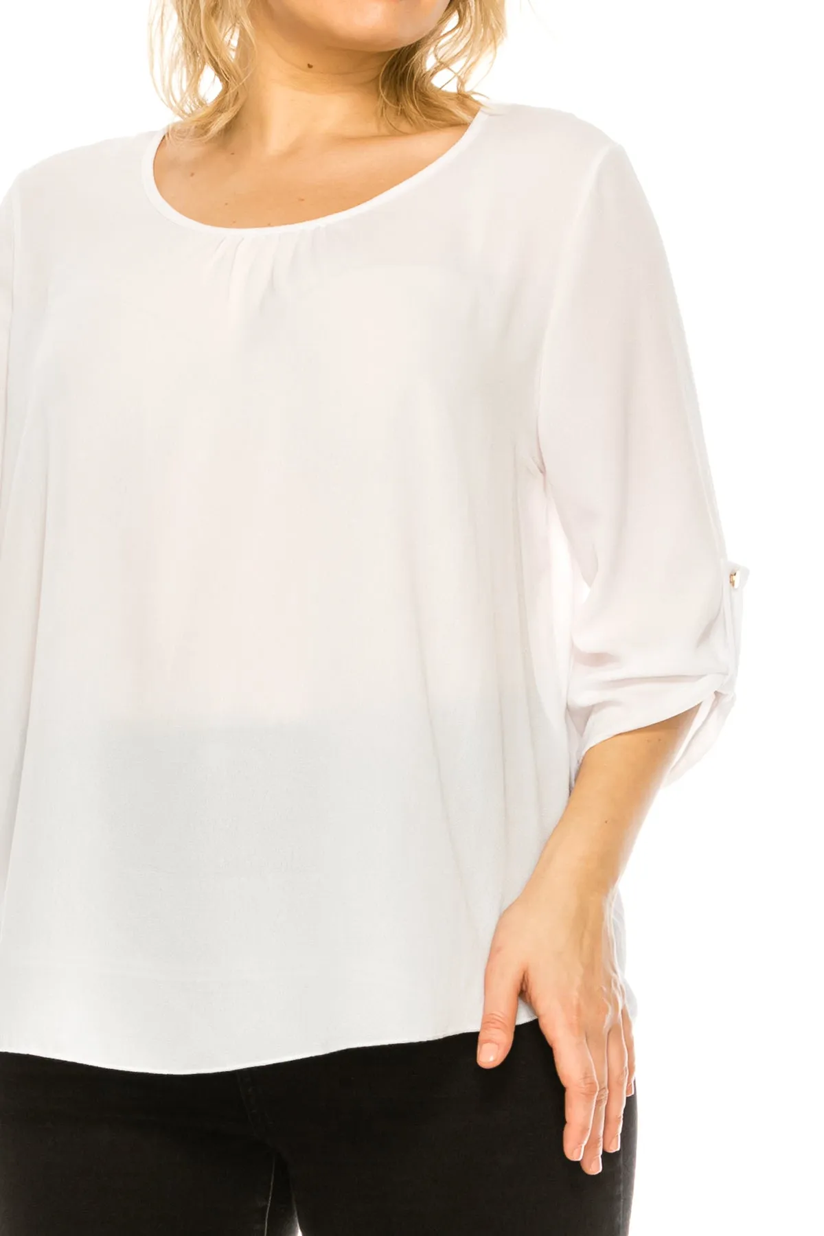 Women's Plus Size Casual Round Neck Loose Fit Roll Tab 3/4 Sleeve Shirt Blouse Tops