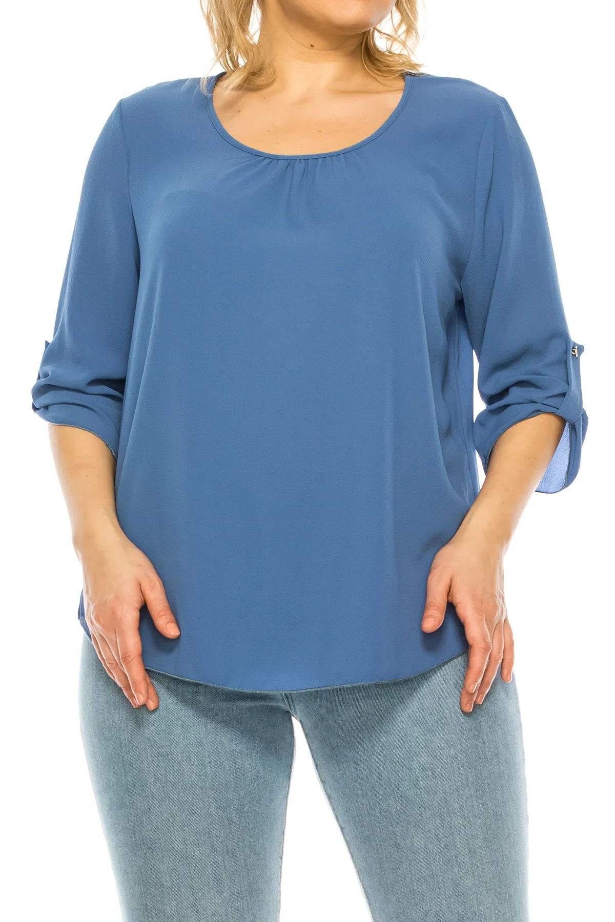 Women's Plus Size Casual Round Neck Loose Fit Roll Tab 3/4 Sleeve Shirt Blouse Tops