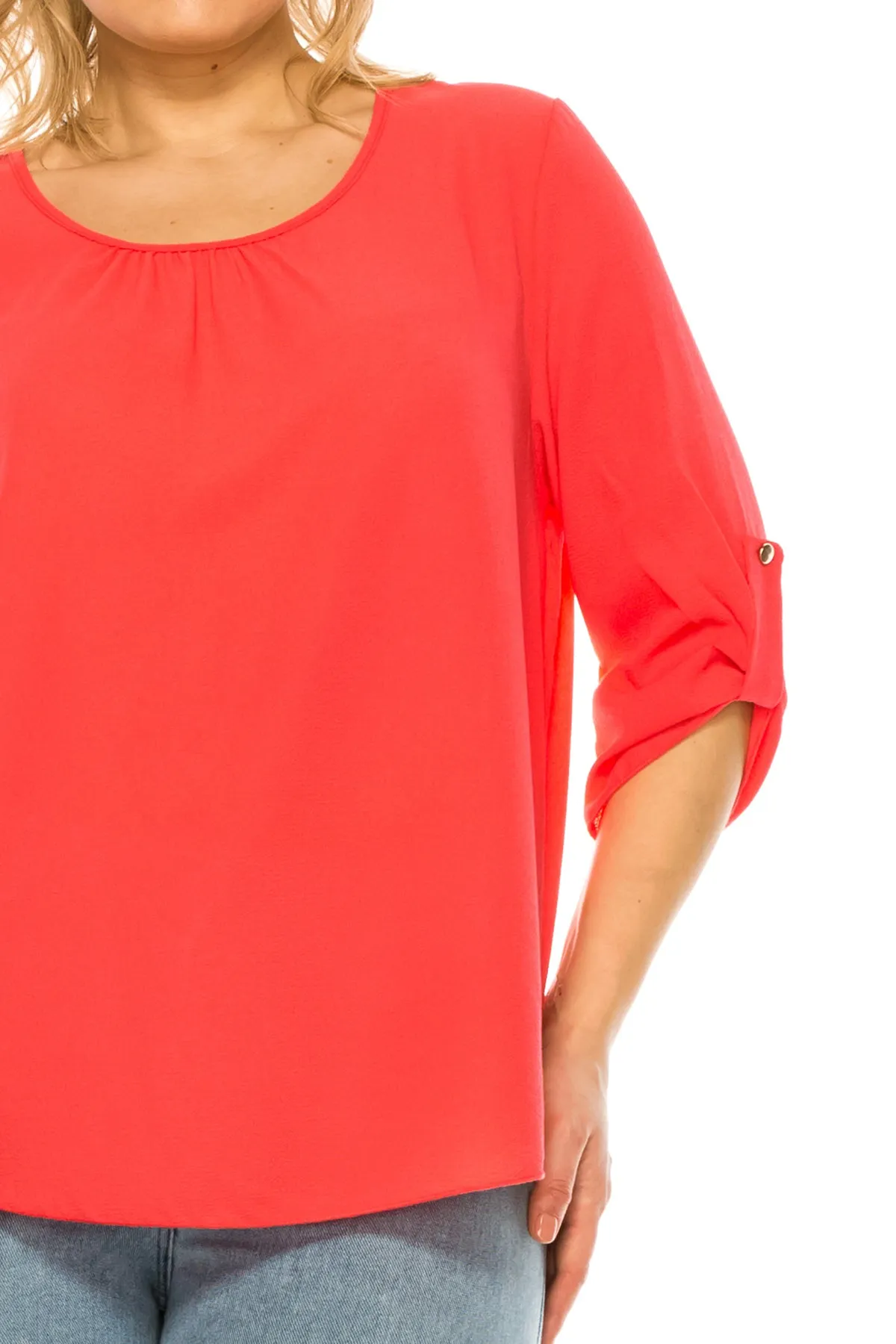 Women's Plus Size Casual Round Neck Loose Fit Roll Tab 3/4 Sleeve Shirt Blouse Tops