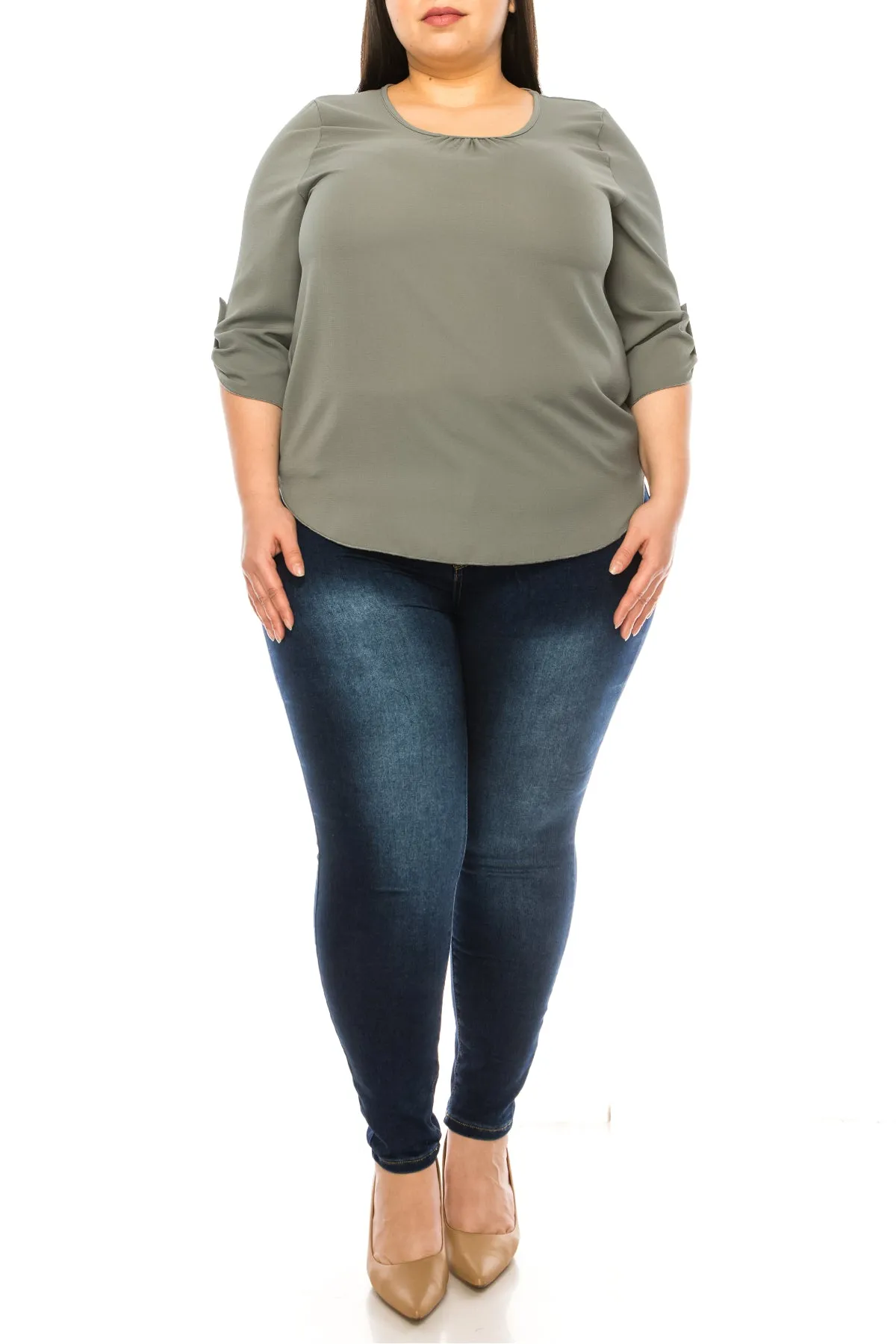 Women's Plus Size Casual Round Neck Loose Fit Roll Tab 3/4 Sleeve Shirt Blouse Tops