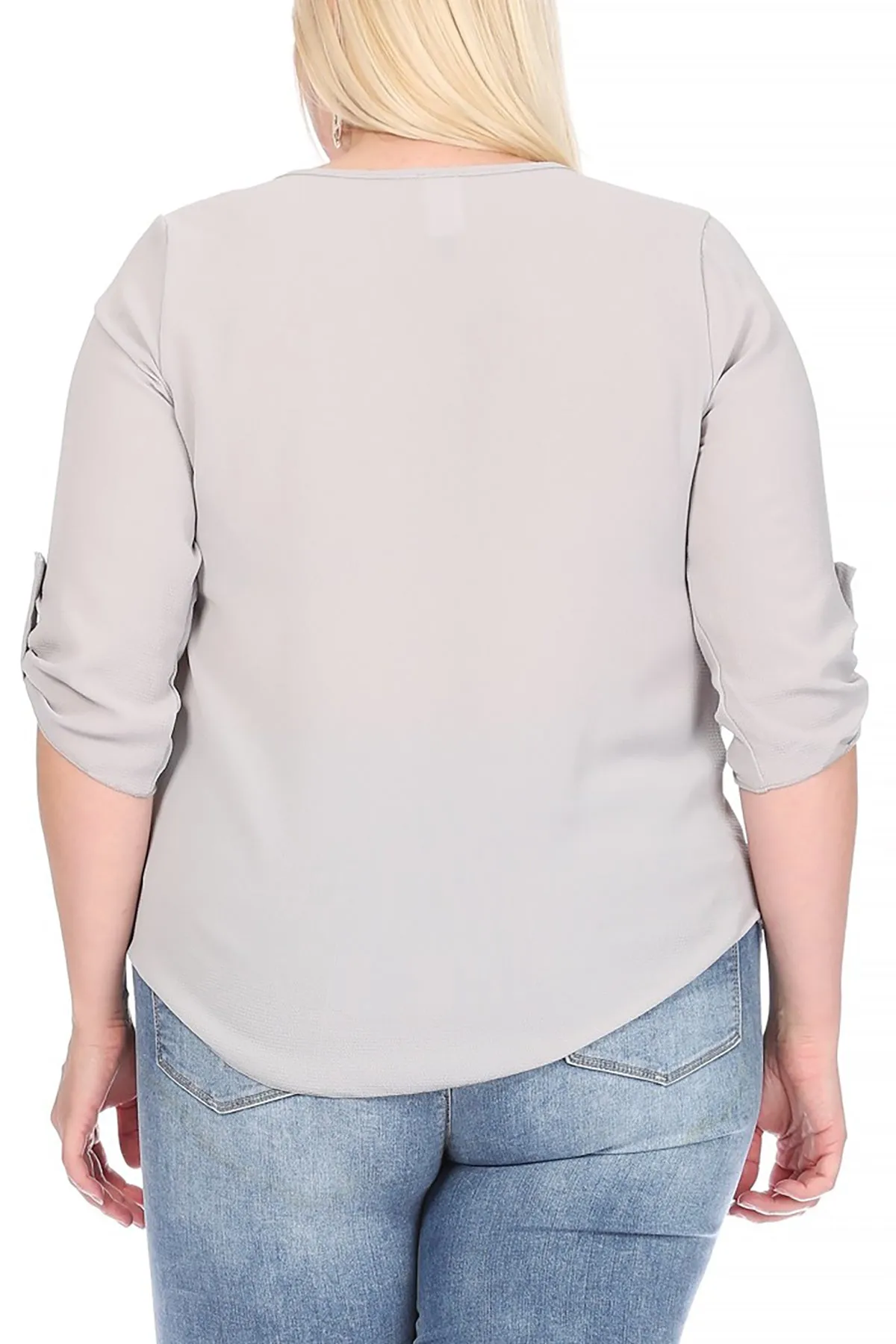 Women's Plus Size Casual Round Neck Loose Fit Roll Tab 3/4 Sleeve Shirt Blouse Tops