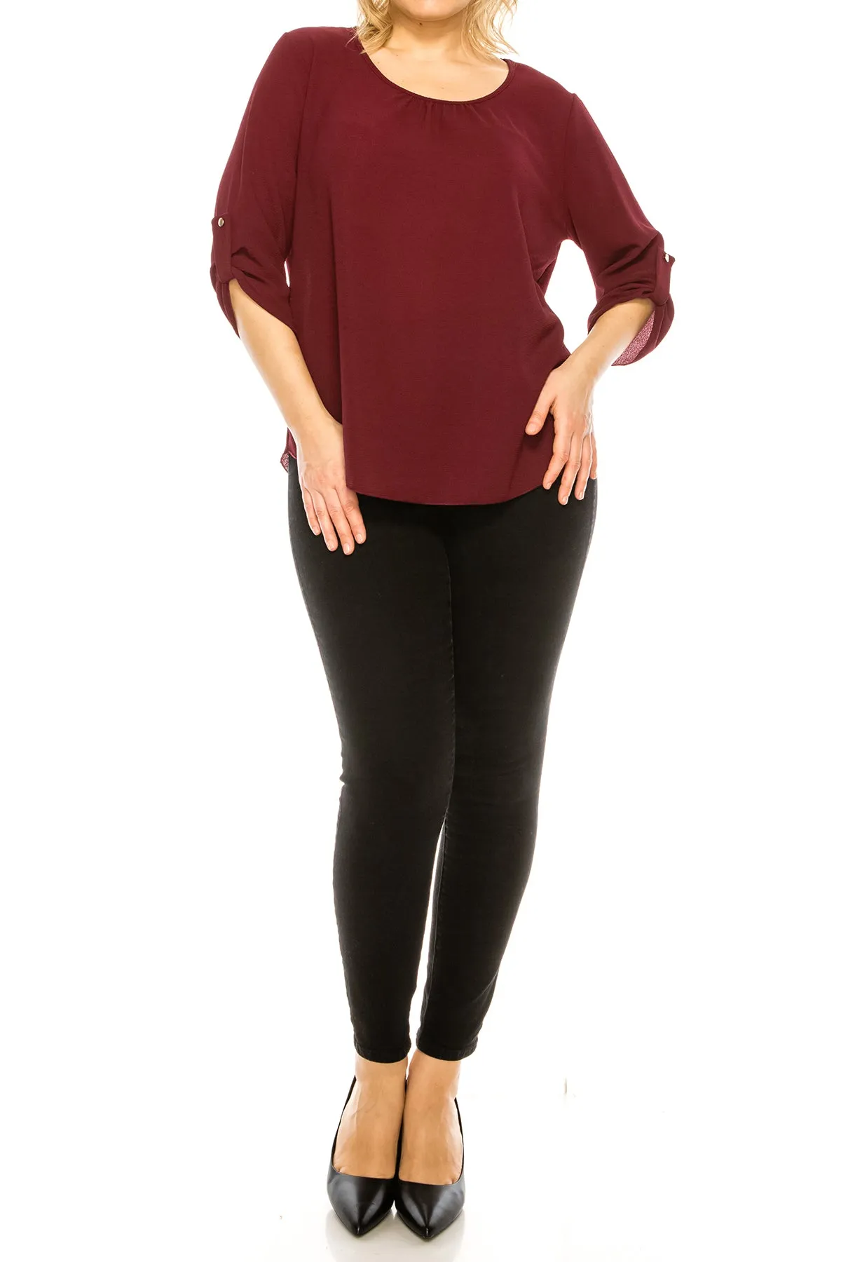 Women's Plus Size Casual Round Neck Loose Fit Roll Tab 3/4 Sleeve Shirt Blouse Tops