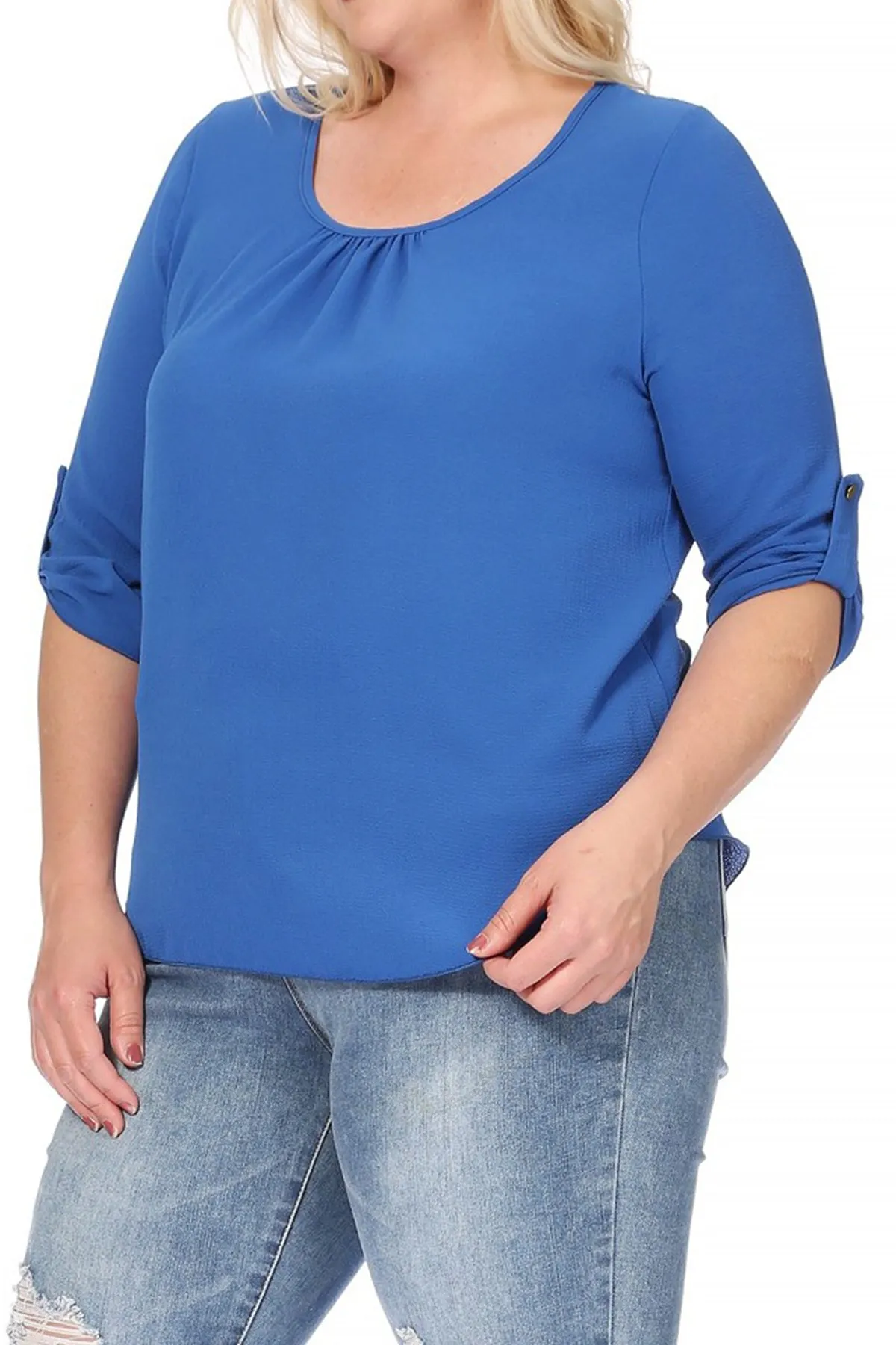 Women's Plus Size Casual Round Neck Loose Fit Roll Tab 3/4 Sleeve Shirt Blouse Tops