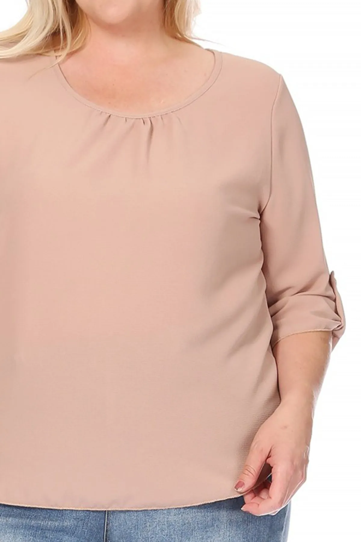 Women's Plus Size Casual Round Neck Loose Fit Roll Tab 3/4 Sleeve Shirt Blouse Tops