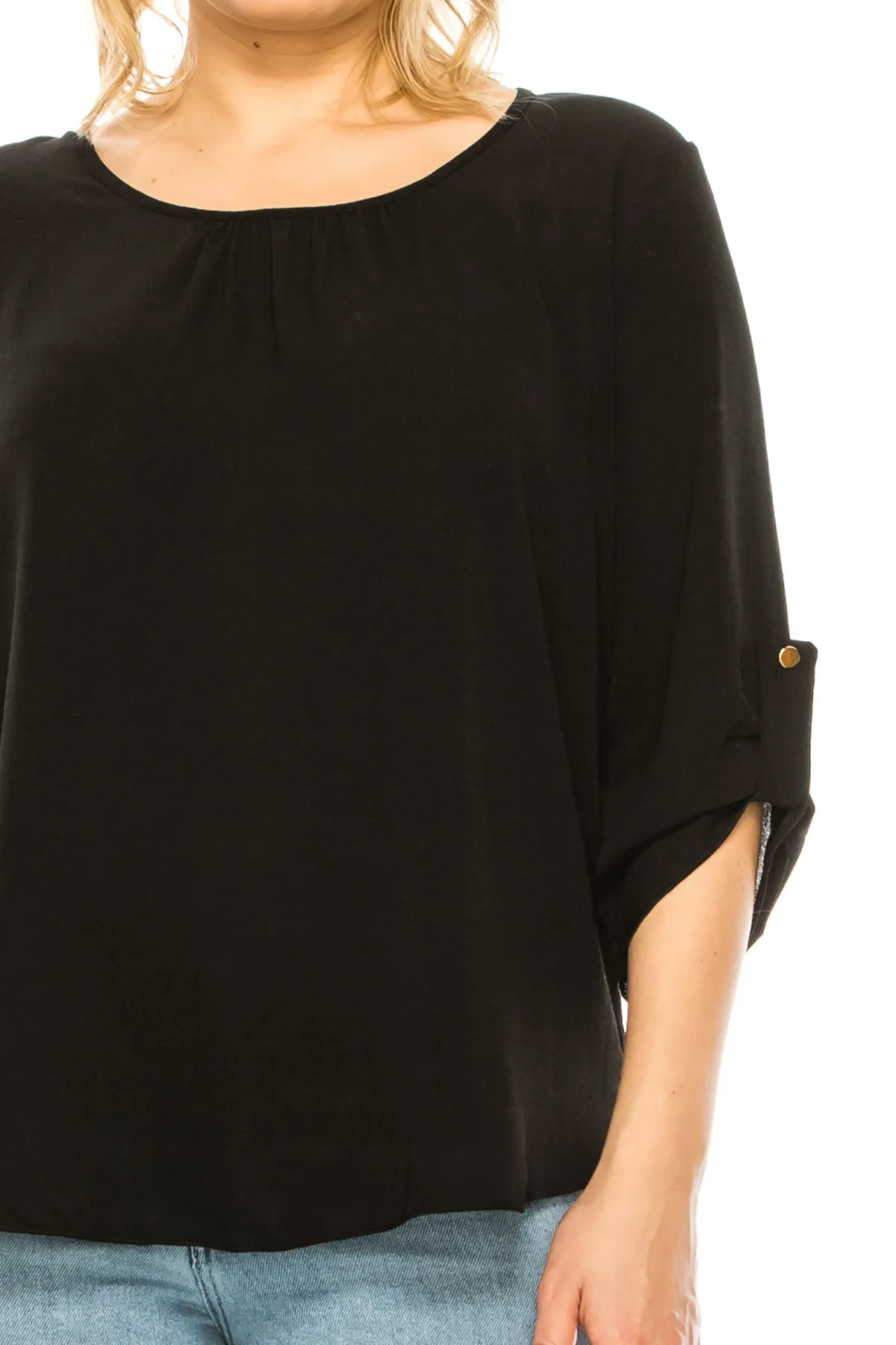 Women's Plus Size Casual Round Neck Loose Fit Roll Tab 3/4 Sleeve Shirt Blouse Tops
