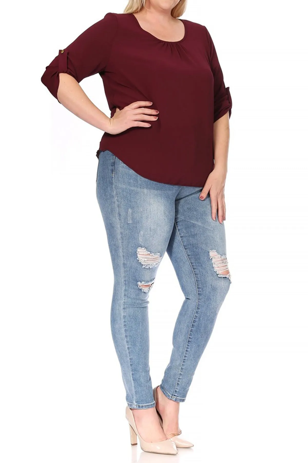 Women's Plus Size Casual Round Neck Loose Fit Roll Tab 3/4 Sleeve Shirt Blouse Tops