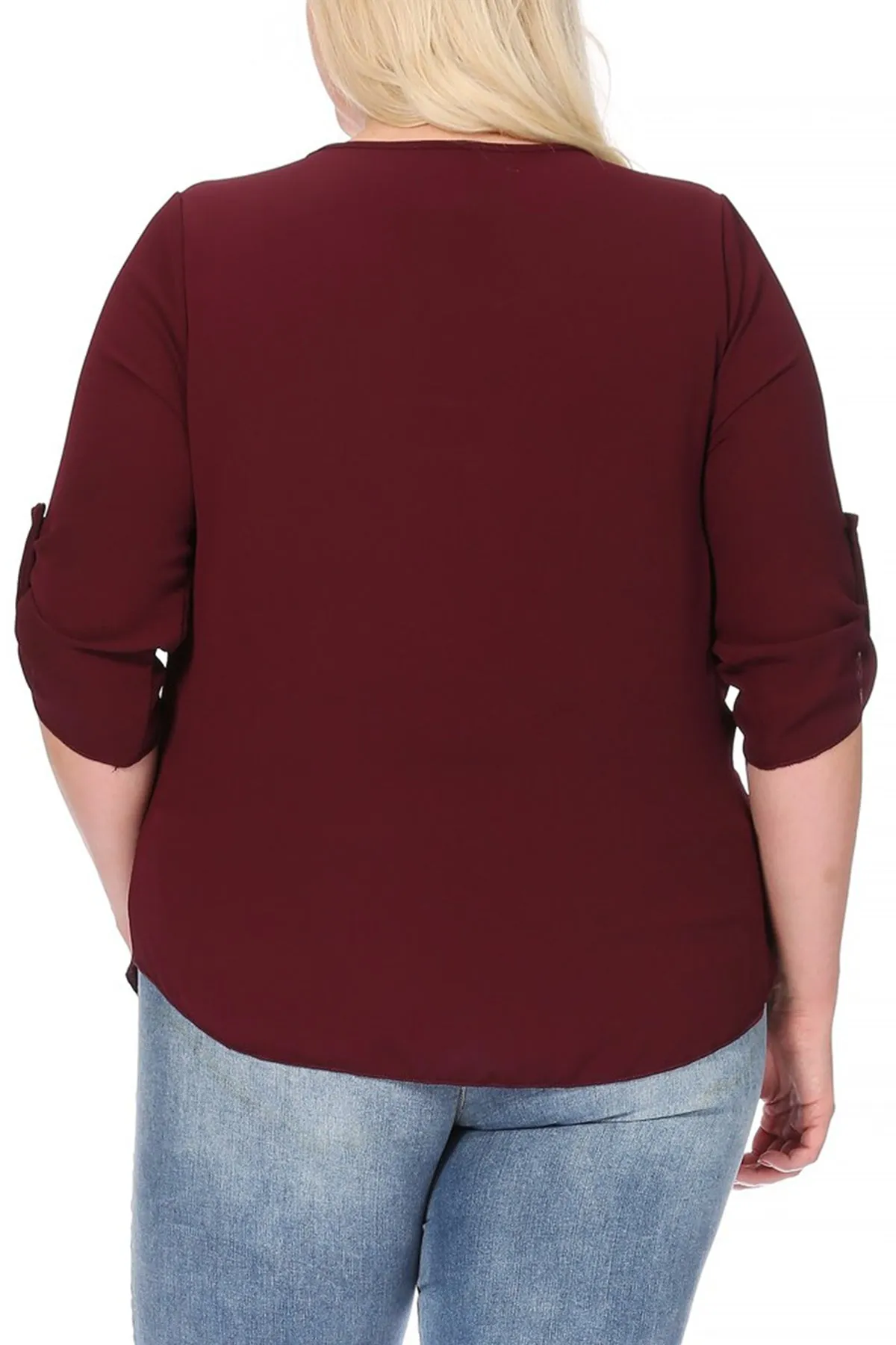 Women's Plus Size Casual Round Neck Loose Fit Roll Tab 3/4 Sleeve Shirt Blouse Tops