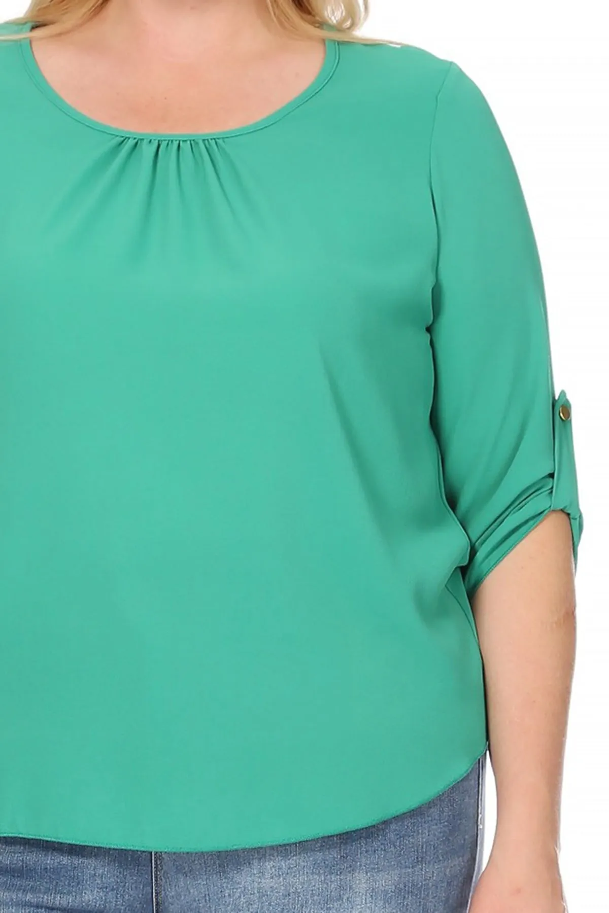 Women's Plus Size Casual Round Neck Loose Fit Roll Tab 3/4 Sleeve Shirt Blouse Tops
