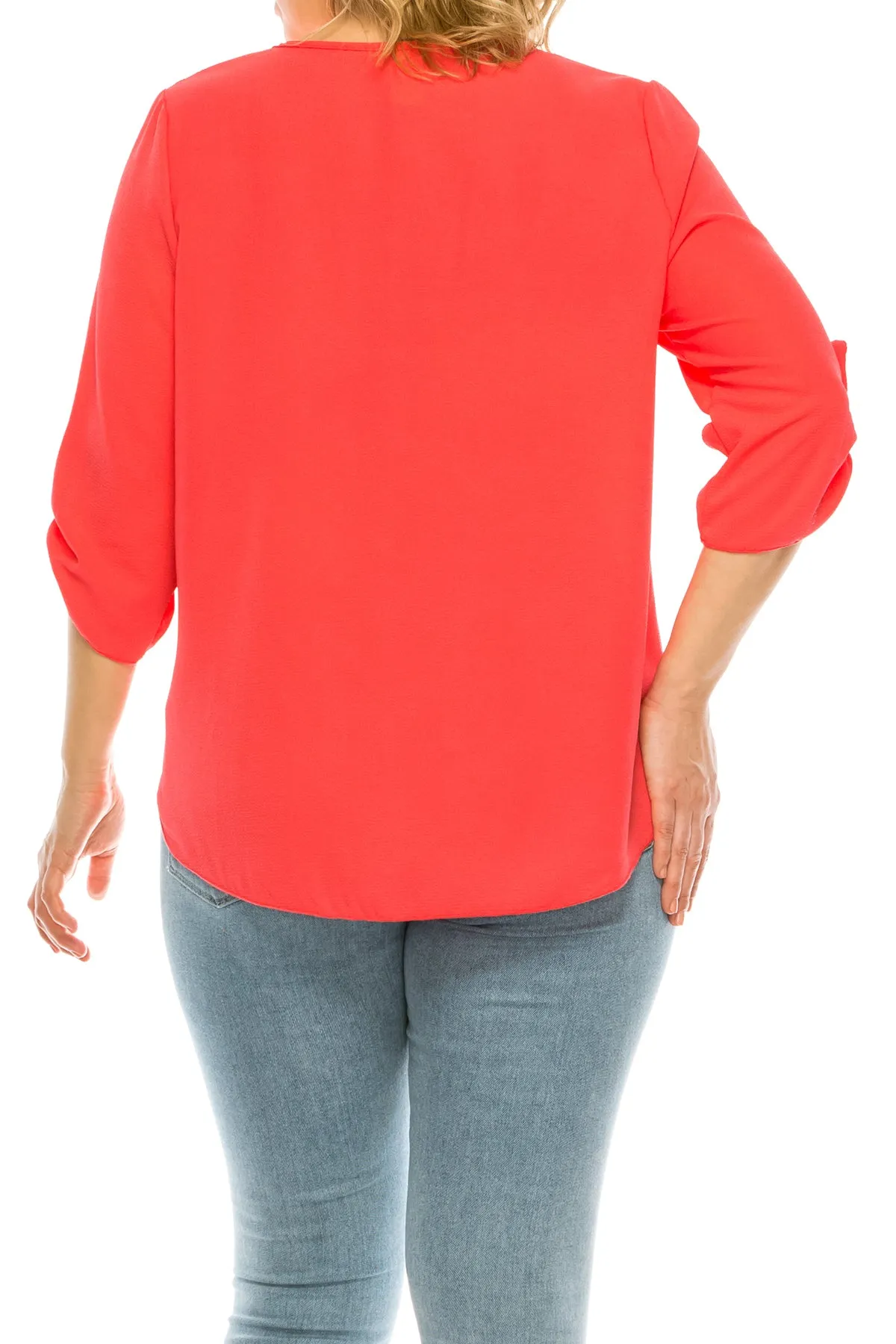 Women's Plus Size Casual Round Neck Loose Fit Roll Tab 3/4 Sleeve Shirt Blouse Tops