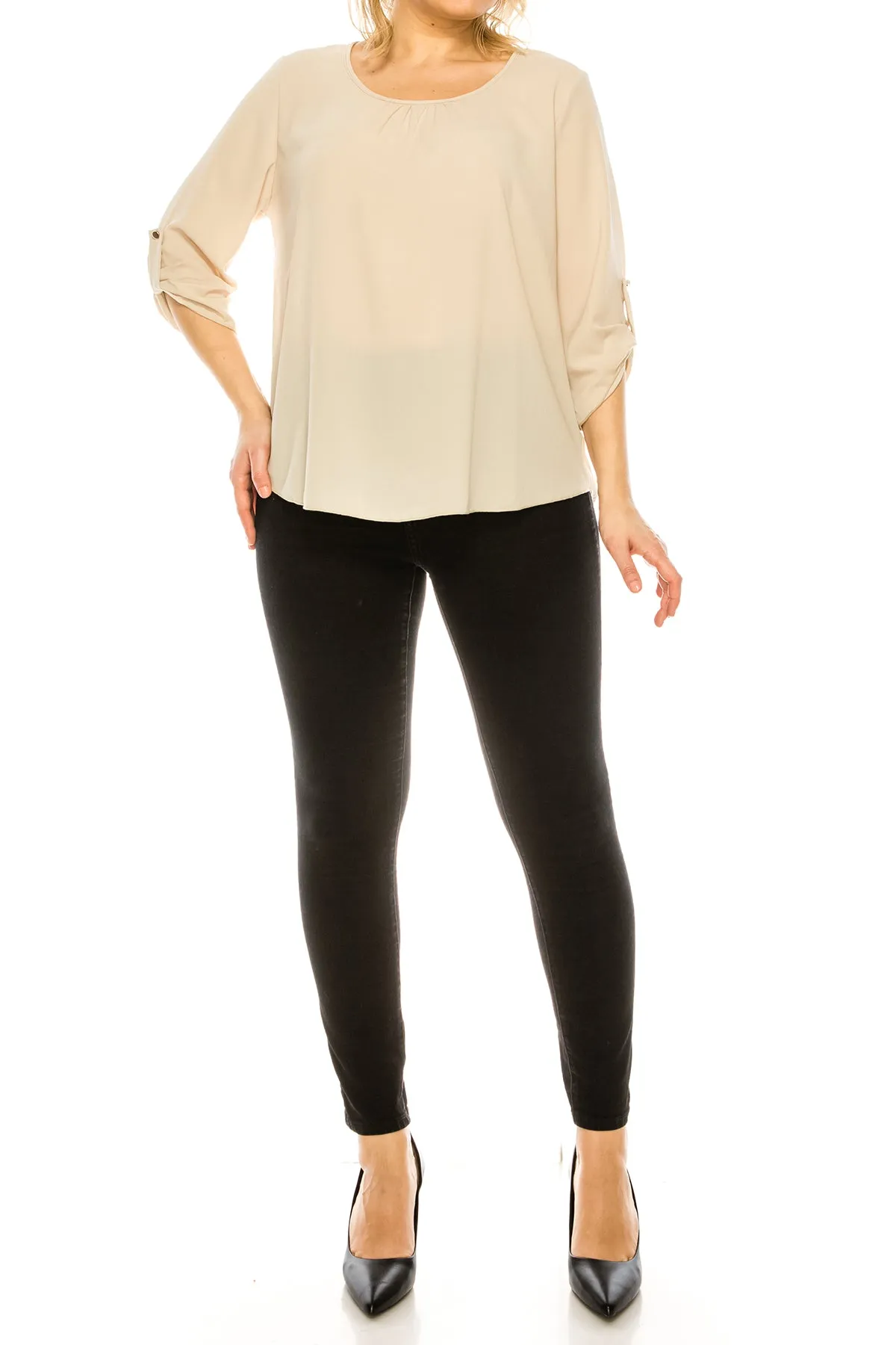 Women's Plus Size Casual Round Neck Loose Fit Roll Tab 3/4 Sleeve Shirt Blouse Tops