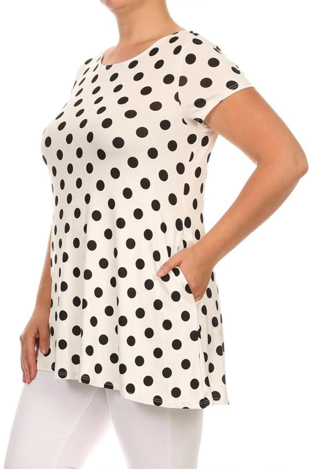 Women's Plus Size Side Pockets Polka Dot Short Sleeves Relaxed Tunic Top