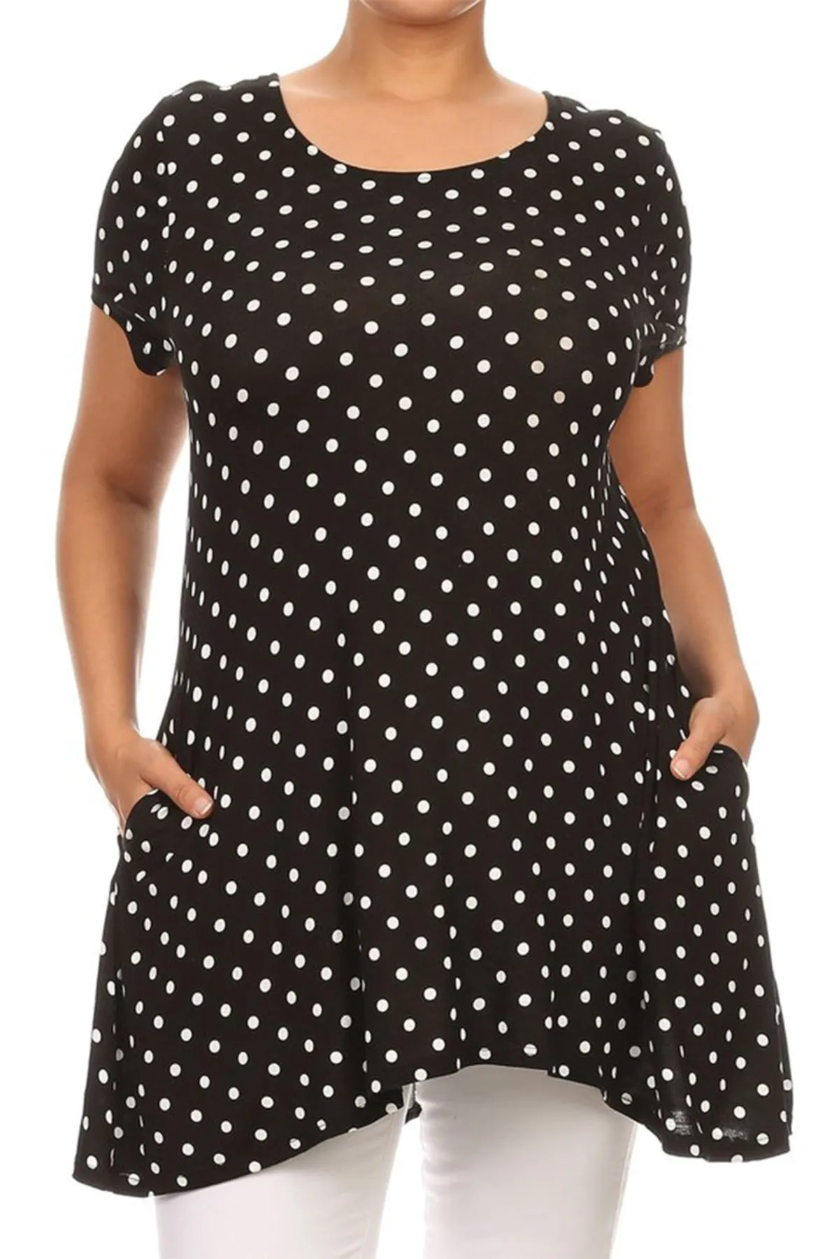 Women's Plus Size Side Pockets Polka Dot Short Sleeves Relaxed Tunic Top