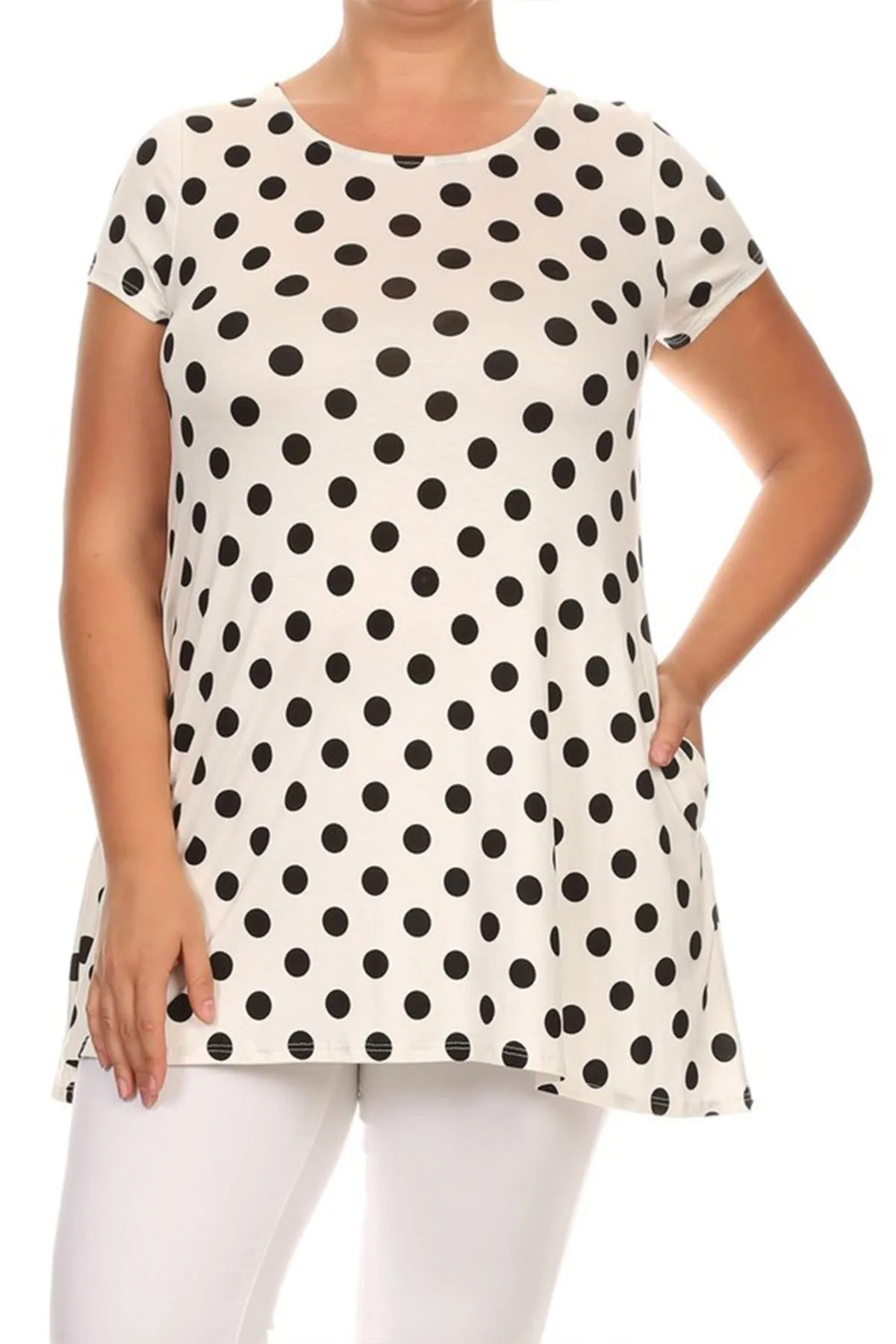 Women's Plus Size Side Pockets Polka Dot Short Sleeves Relaxed Tunic Top