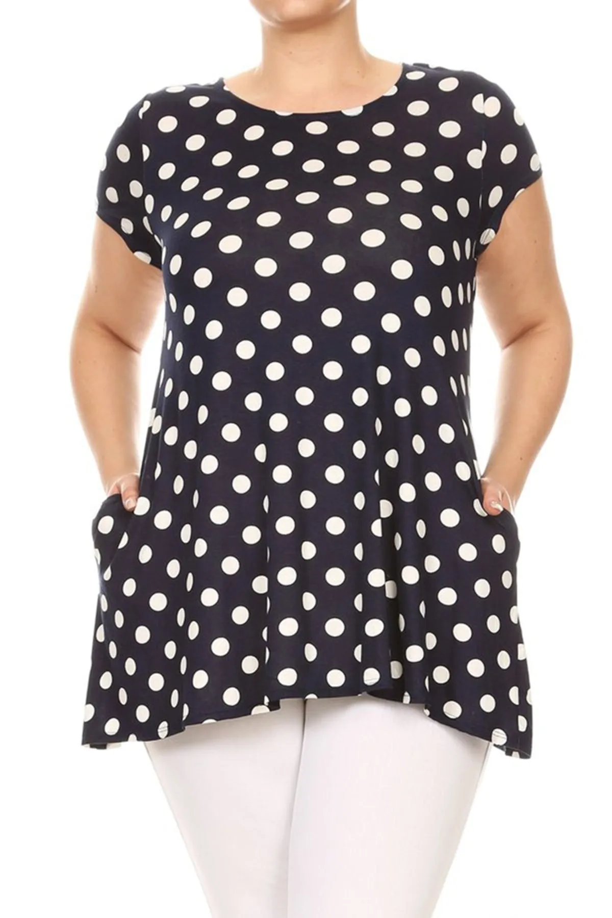 Women's Plus Size Side Pockets Polka Dot Short Sleeves Relaxed Tunic Top