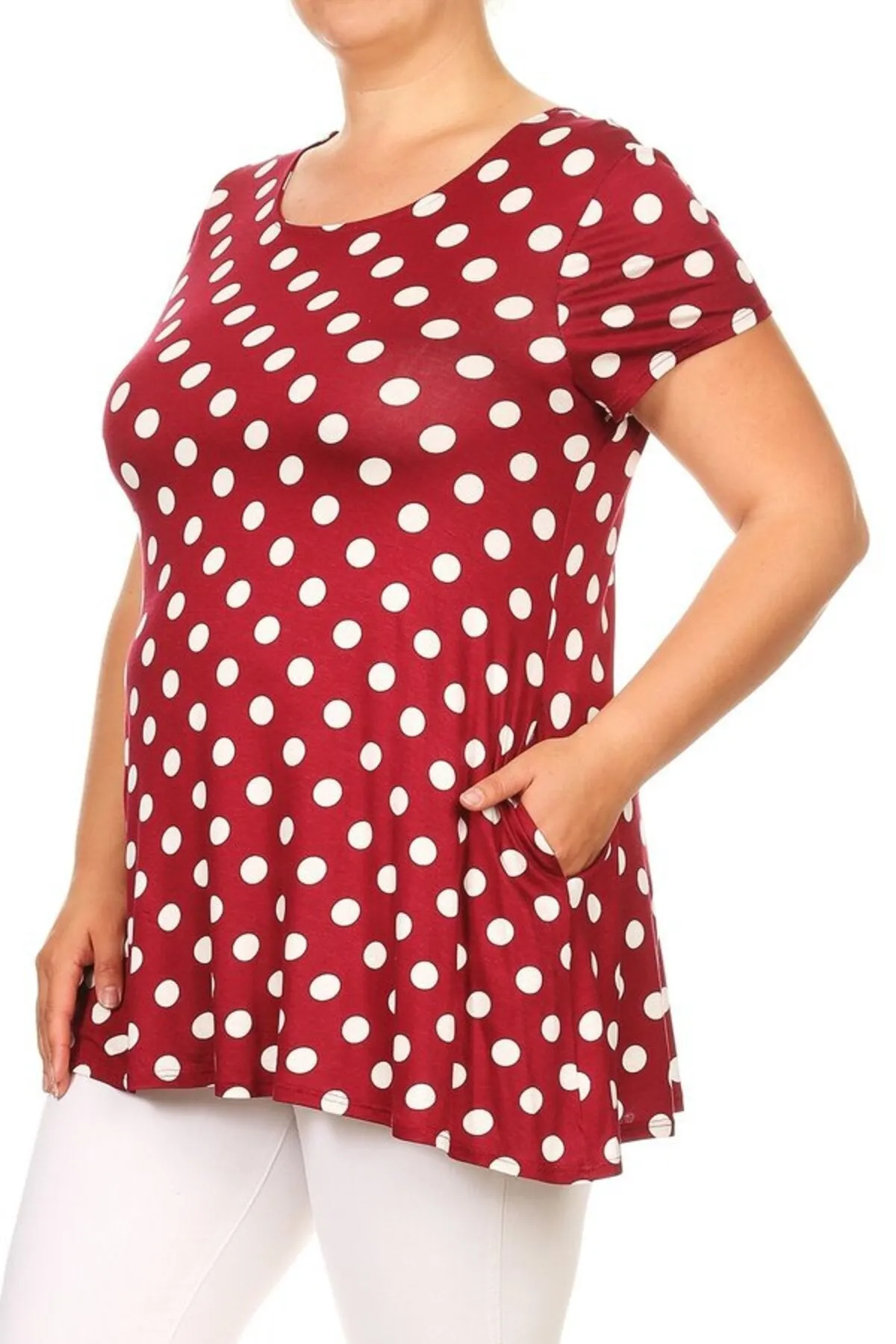 Women's Plus Size Side Pockets Polka Dot Short Sleeves Relaxed Tunic Top