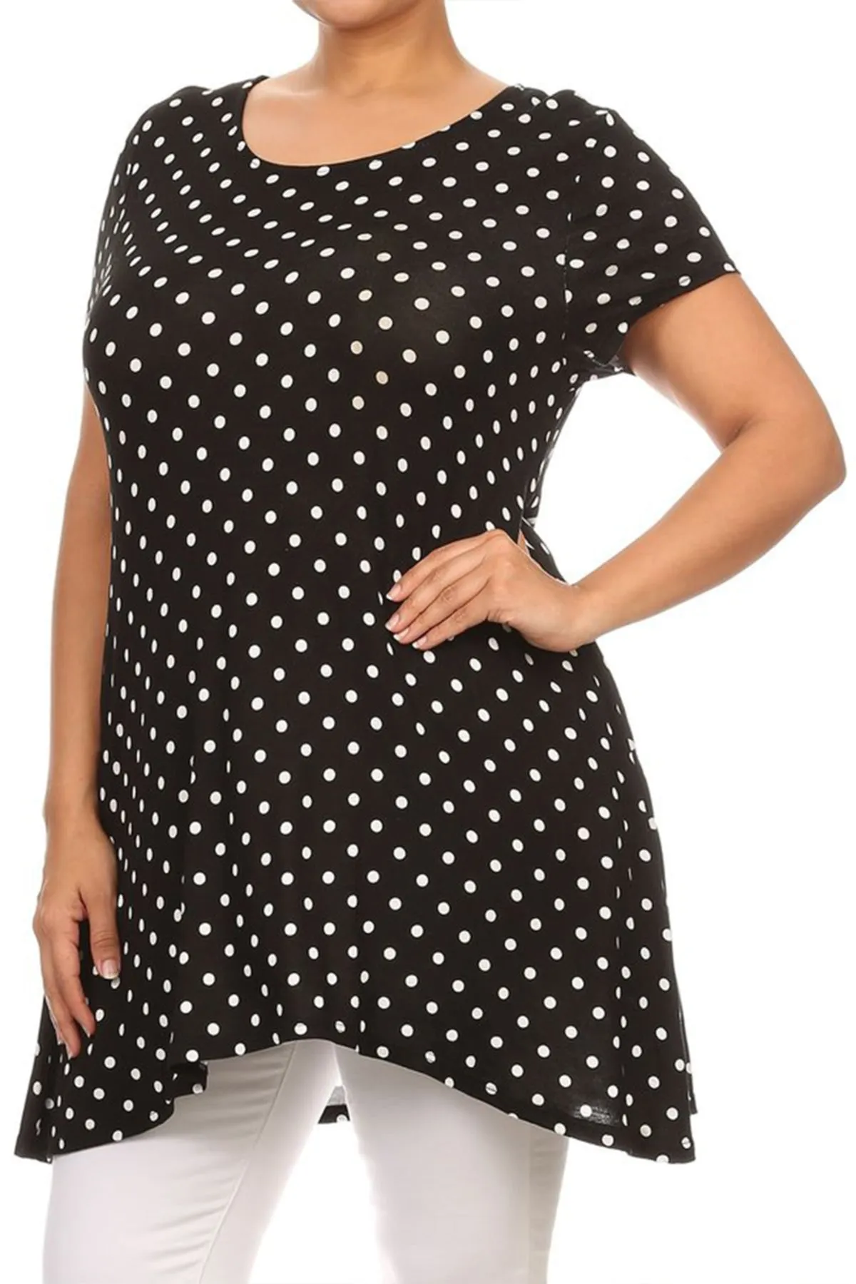 Women's Plus Size Side Pockets Polka Dot Short Sleeves Relaxed Tunic Top