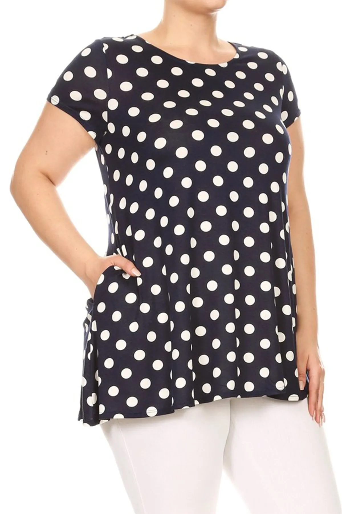 Women's Plus Size Side Pockets Polka Dot Short Sleeves Relaxed Tunic Top