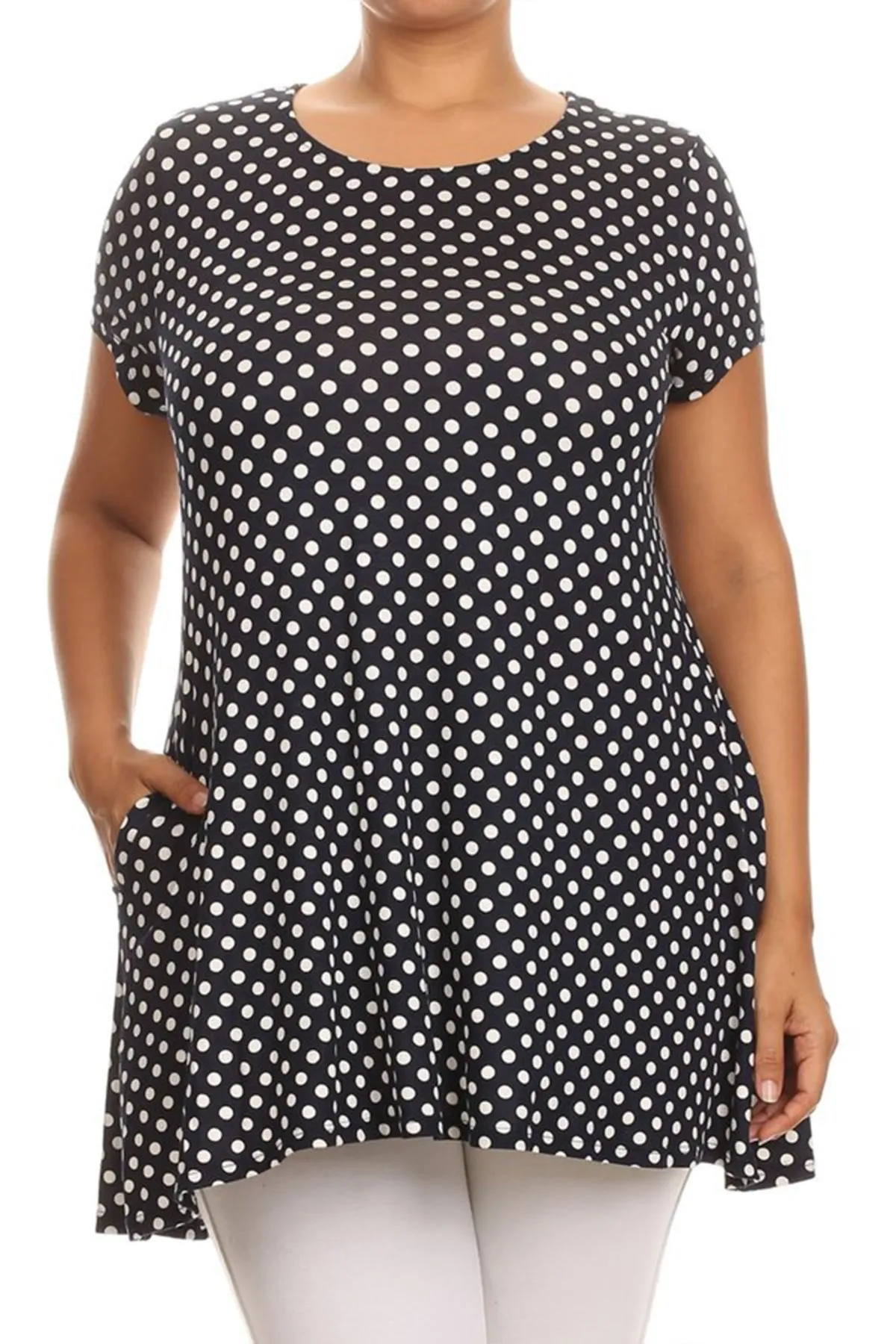 Women's Plus Size Side Pockets Polka Dot Short Sleeves Relaxed Tunic Top