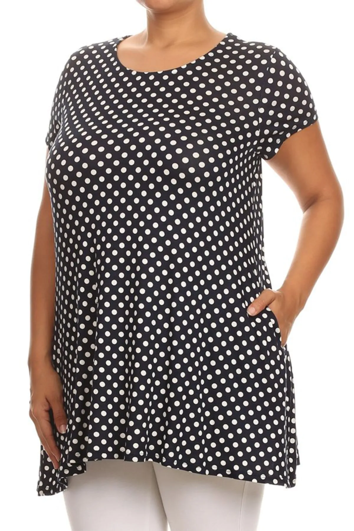 Women's Plus Size Side Pockets Polka Dot Short Sleeves Relaxed Tunic Top