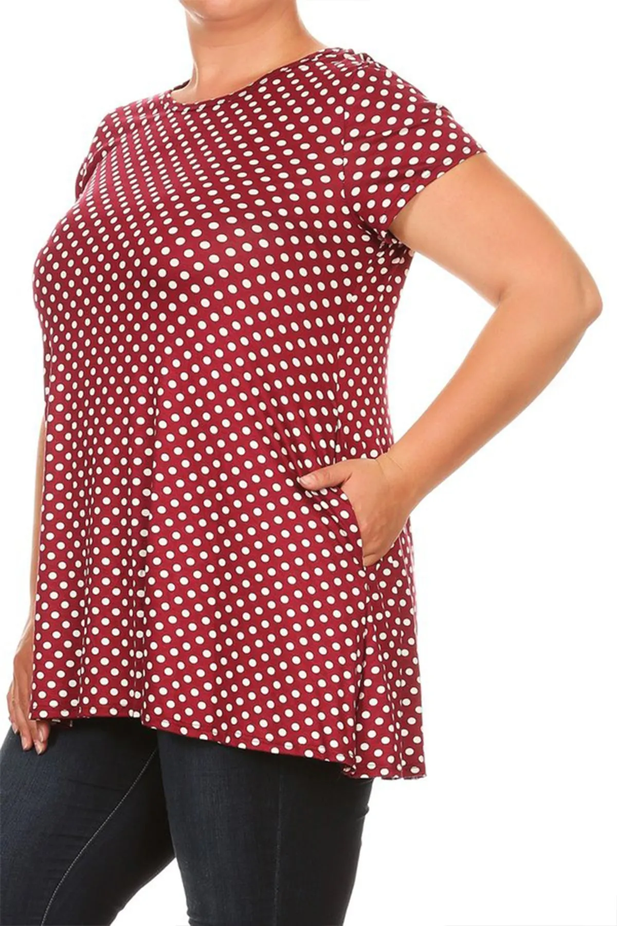 Women's Plus Size Side Pockets Polka Dot Short Sleeves Relaxed Tunic Top