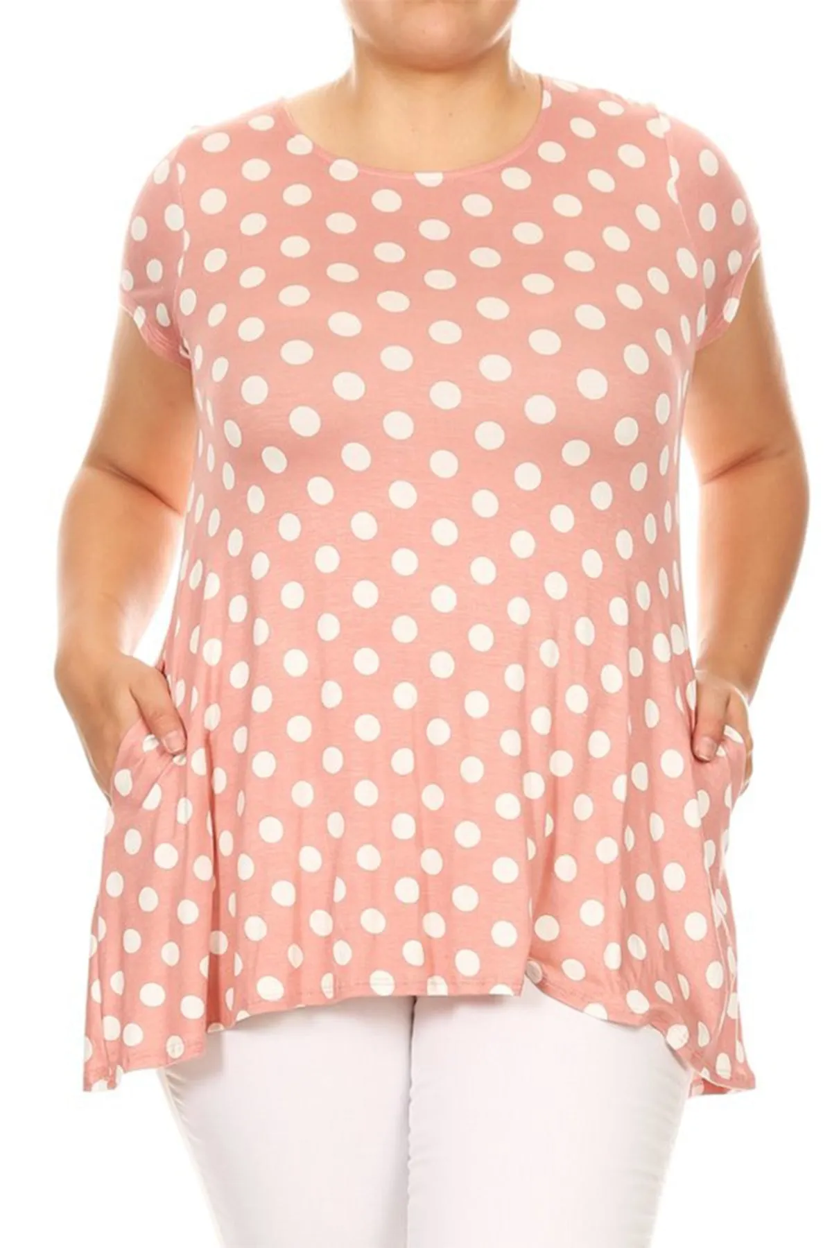 Women's Plus Size Side Pockets Polka Dot Short Sleeves Relaxed Tunic Top