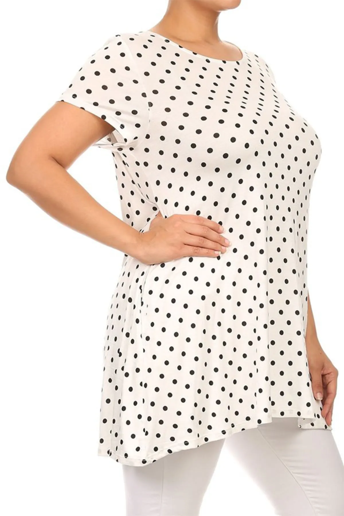 Women's Plus Size Side Pockets Polka Dot Short Sleeves Relaxed Tunic Top